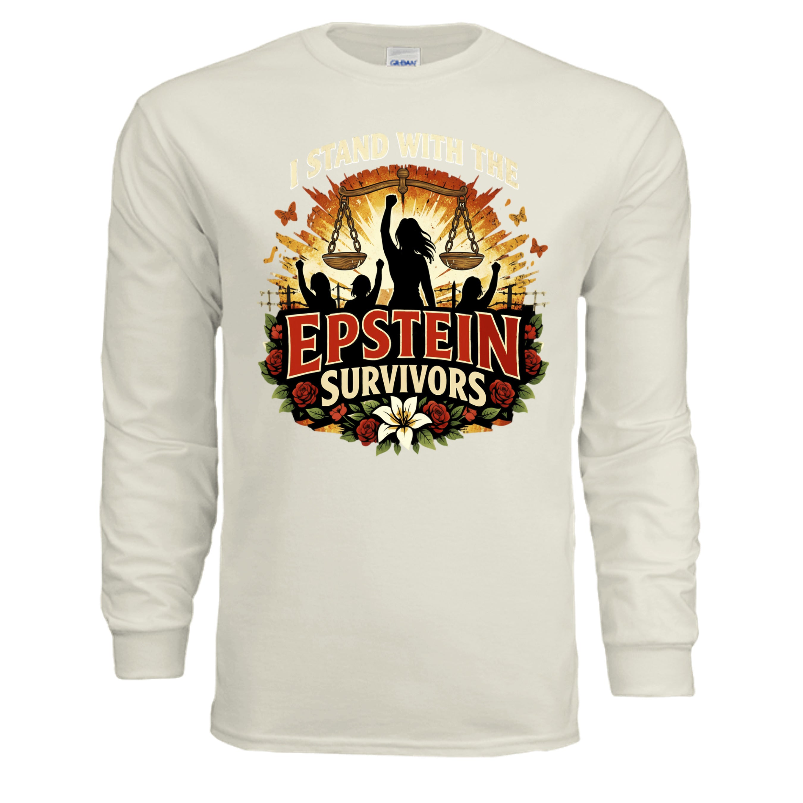 Blooms Of Resilience Epstein Survivor graphic long sleeve shirt with floral border and empowering message