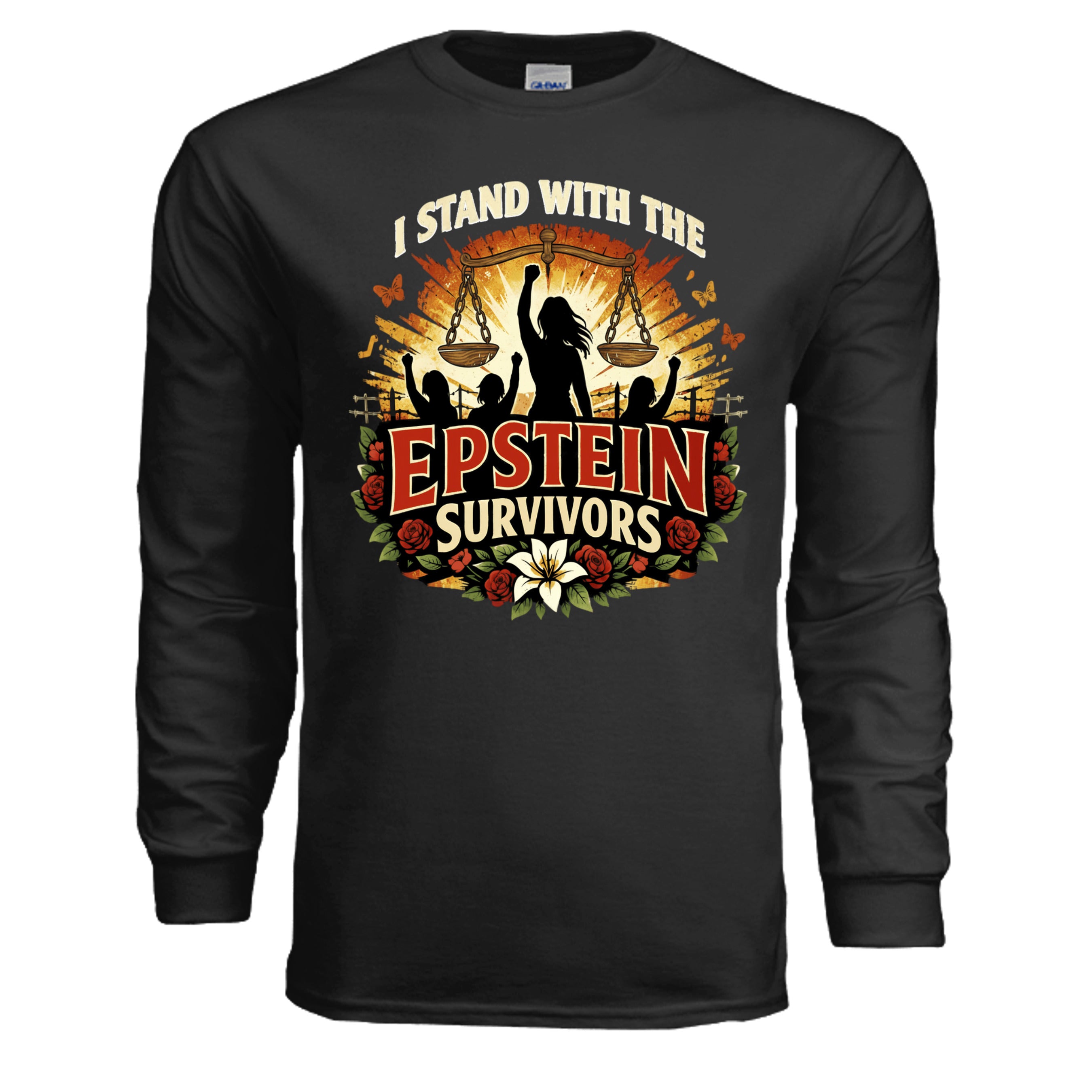 I Stand With The Epstein Survivors long sleeve shirt featuring a vibrant bloom motif and survivor affirmation.