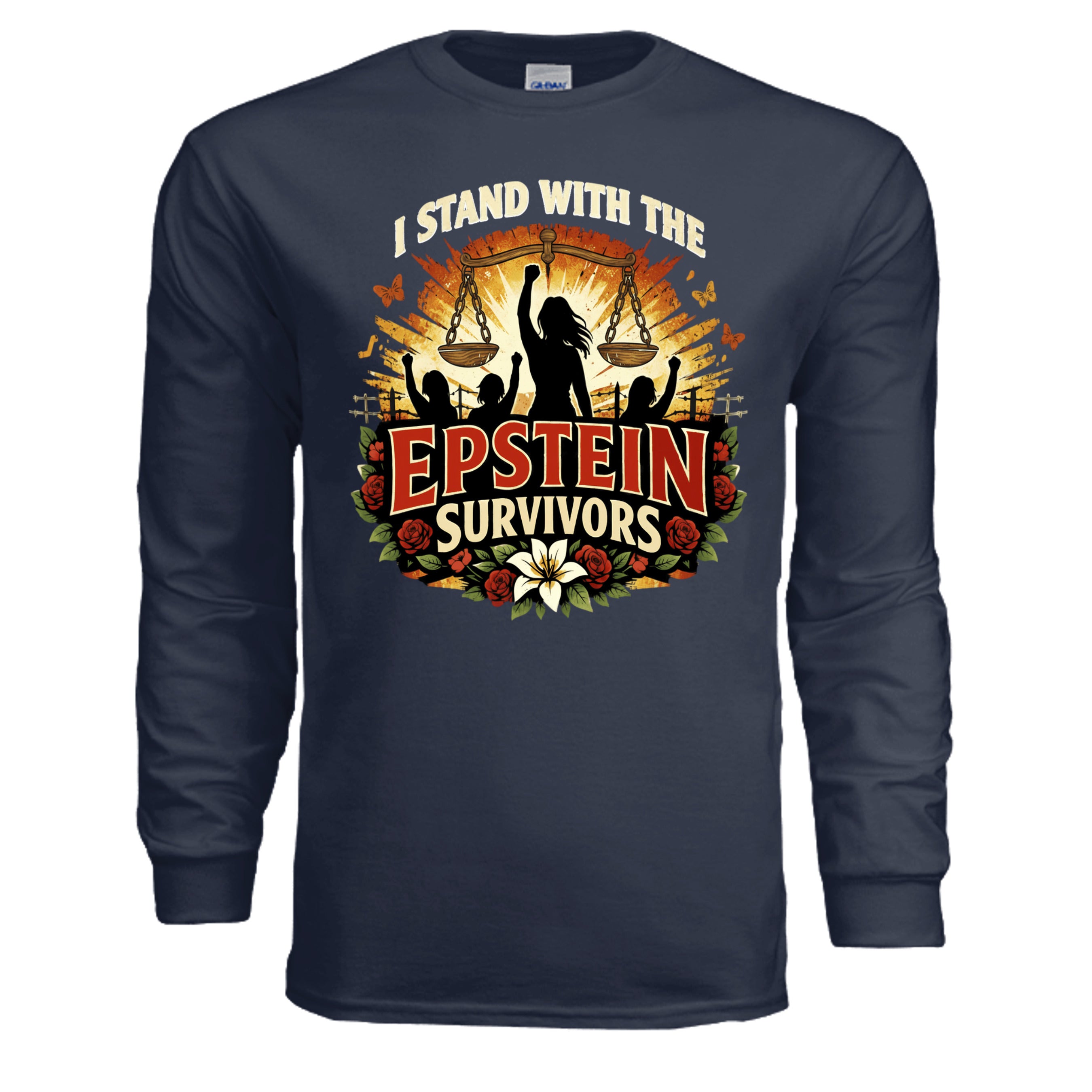 Blooms Of Resilience Epstein Survivor long sleeve shirt with blooms motif and survivor message.