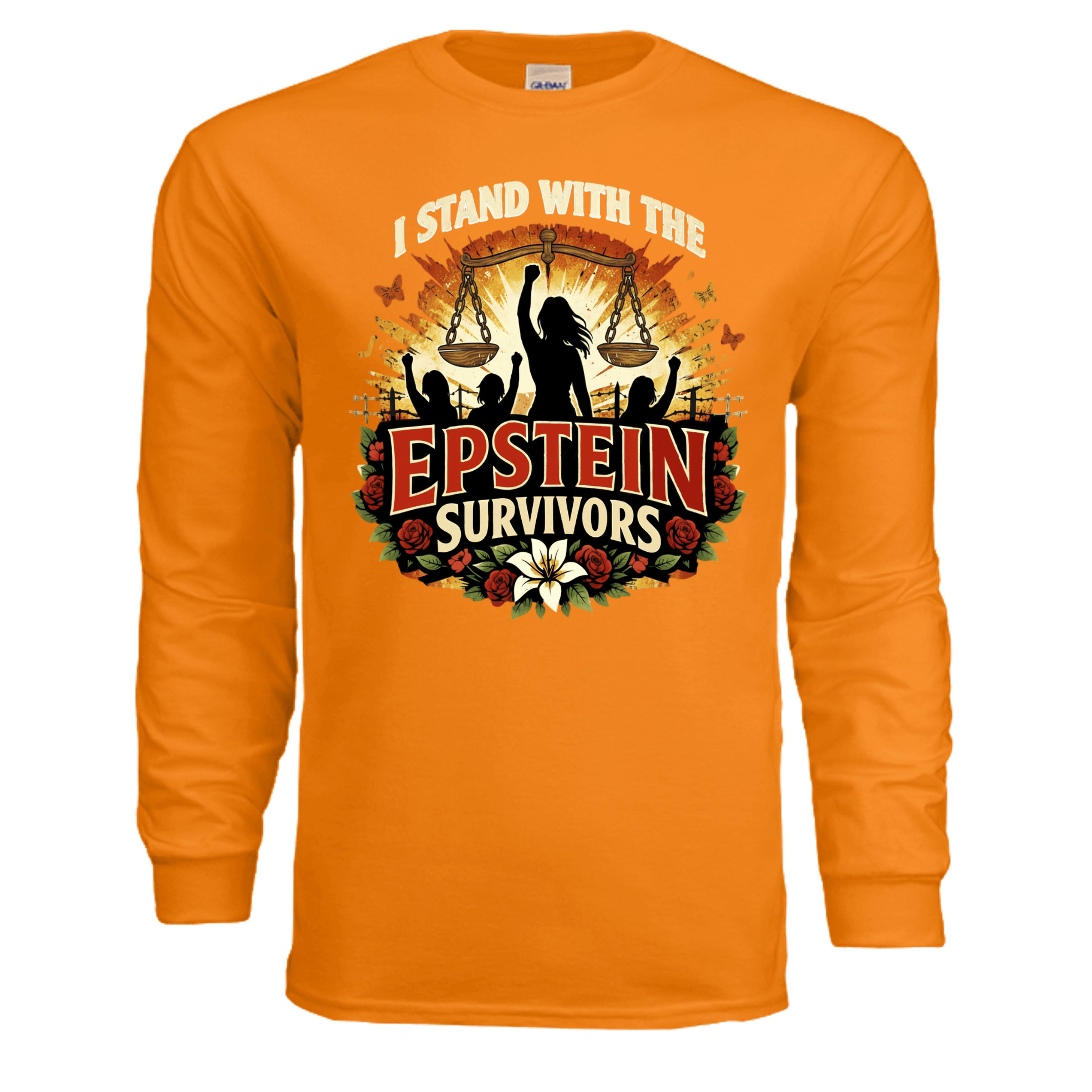 I Stand With The Epstein Survivors long sleeve shirt featuring floral border and scales of justice.
