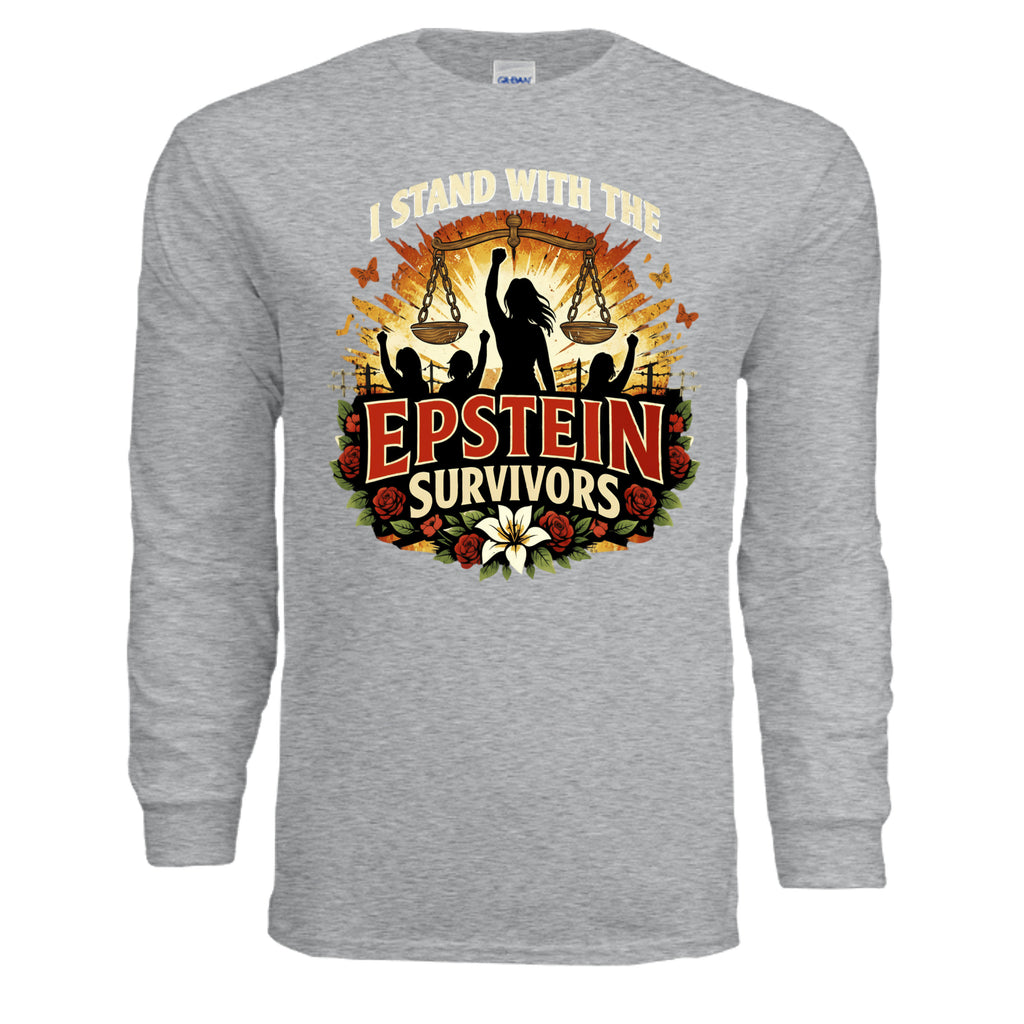 Gray long-sleeve shirt featuring Blooms Of Resilience Epstein Survivors graphic with silhouette, scales, and flowers.