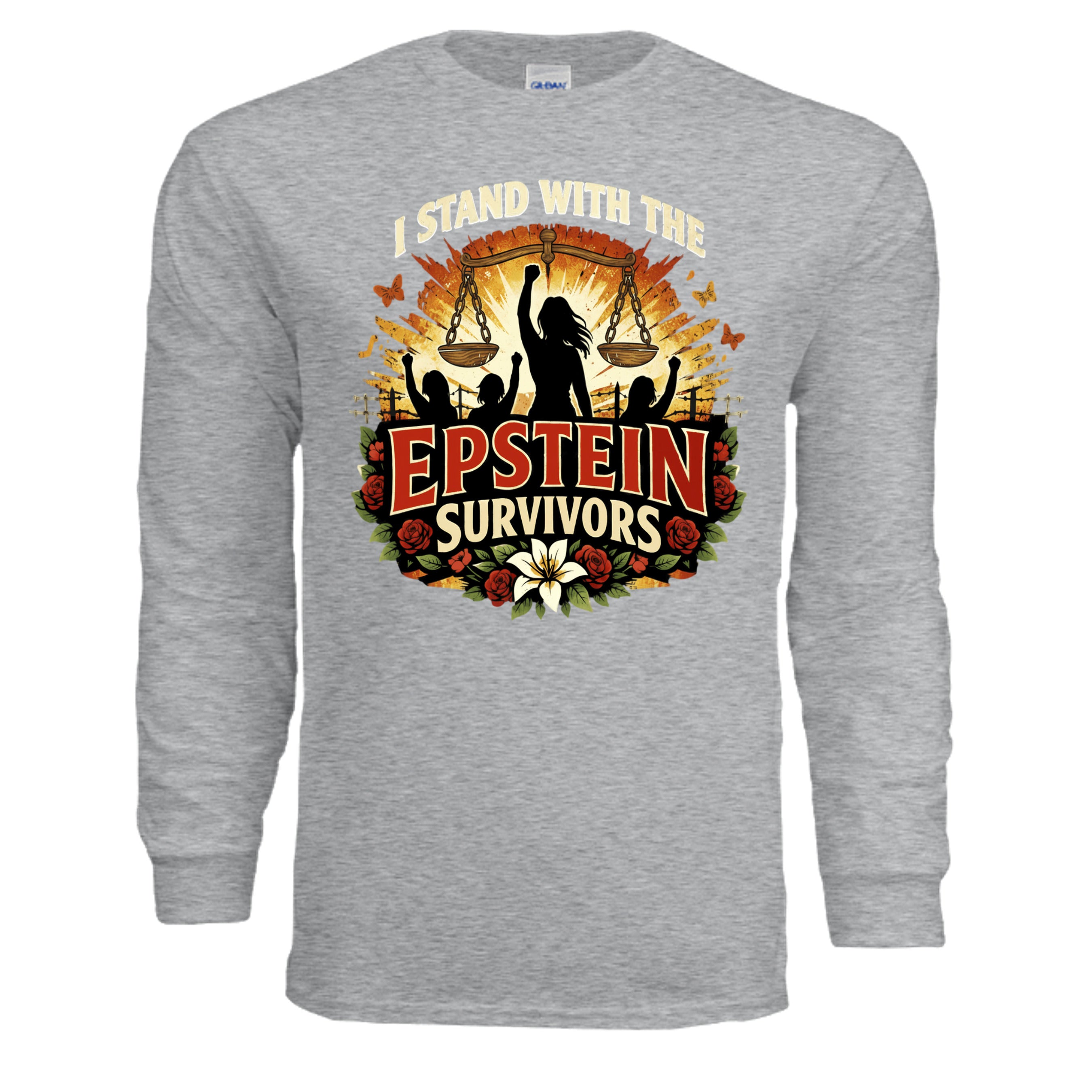 Gray long-sleeve shirt featuring Blooms Of Resilience Epstein Survivors graphic with silhouette, scales, and flowers.