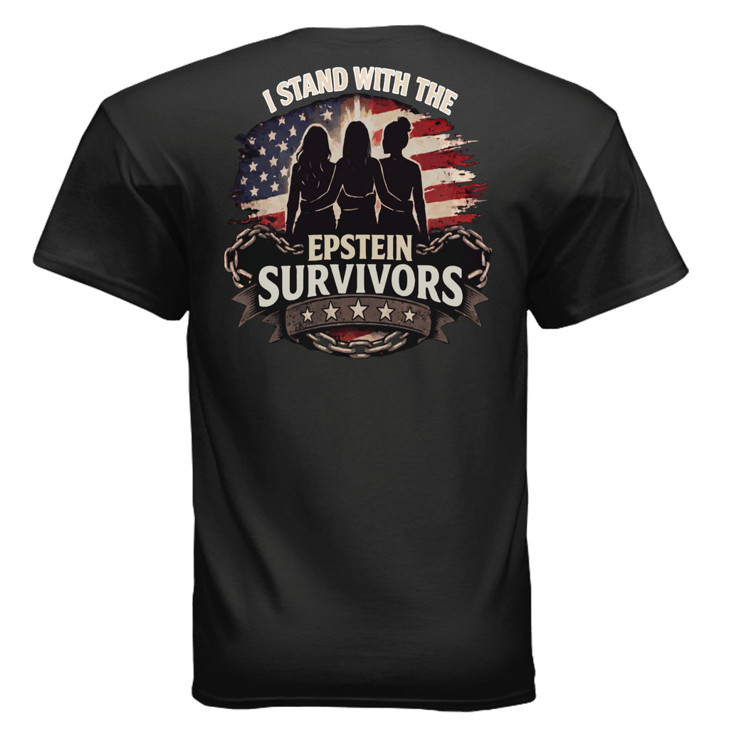 I Stand With Epstein Survivors shirt design: silhouettes in front of a distressed American flag with chains.