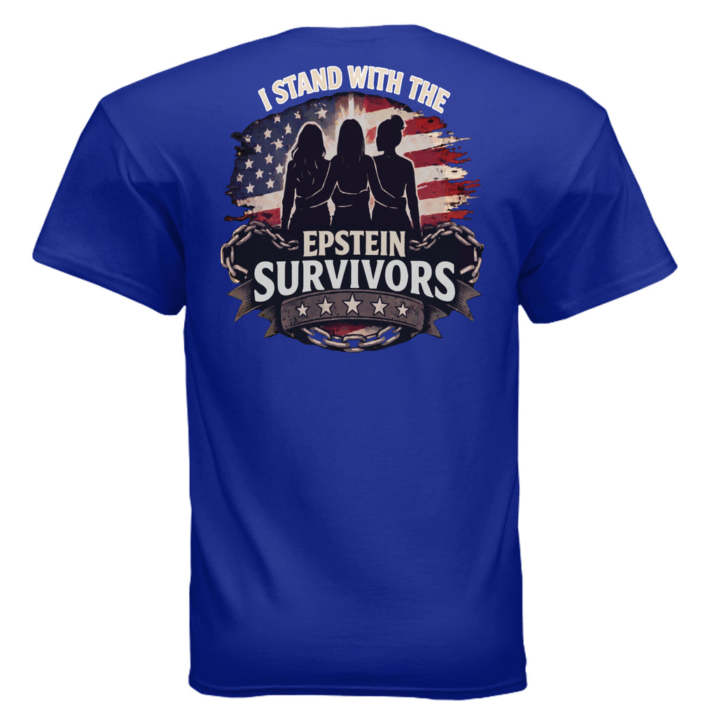 Blue shirt featuring I Stand With Epstein Survivors graphic with three silhouettes against an American flag background.