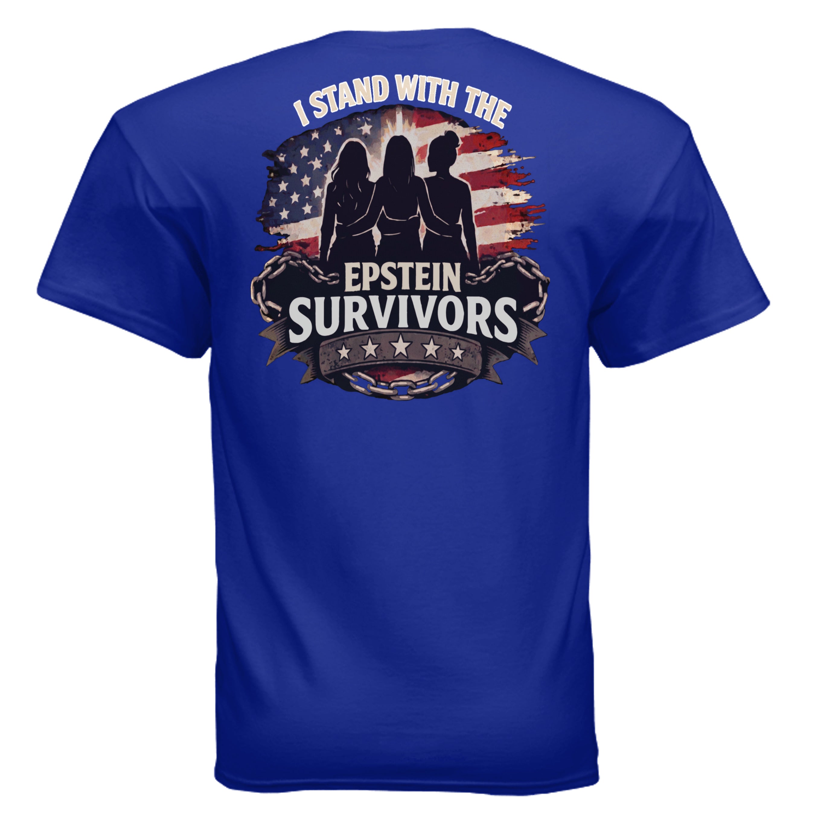 Blue shirt featuring I Stand With Epstein Survivors graphic with three silhouettes against an American flag background.