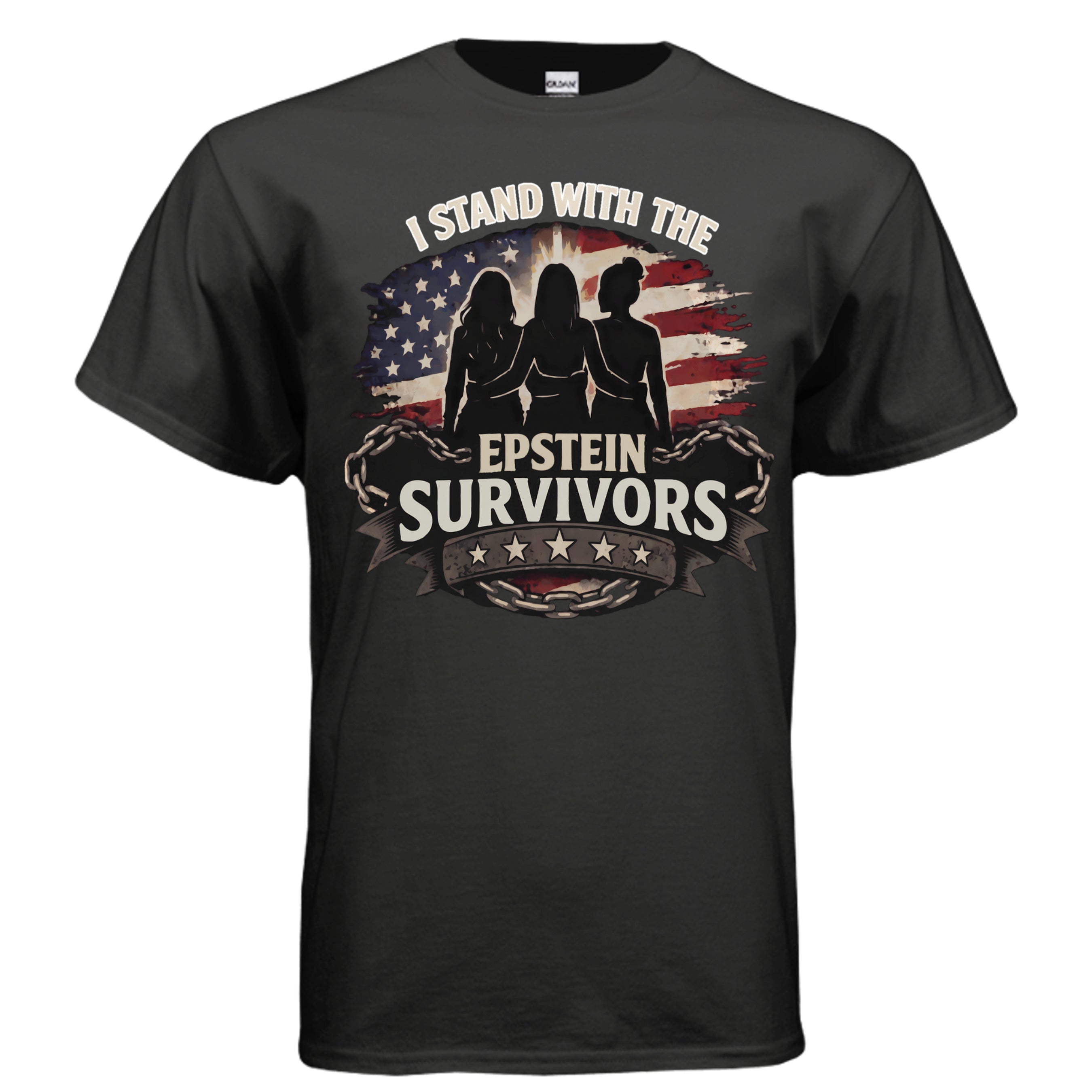 I Stand With Epstein Survivors shirt featuring silhouetted figures against a distressed American flag.