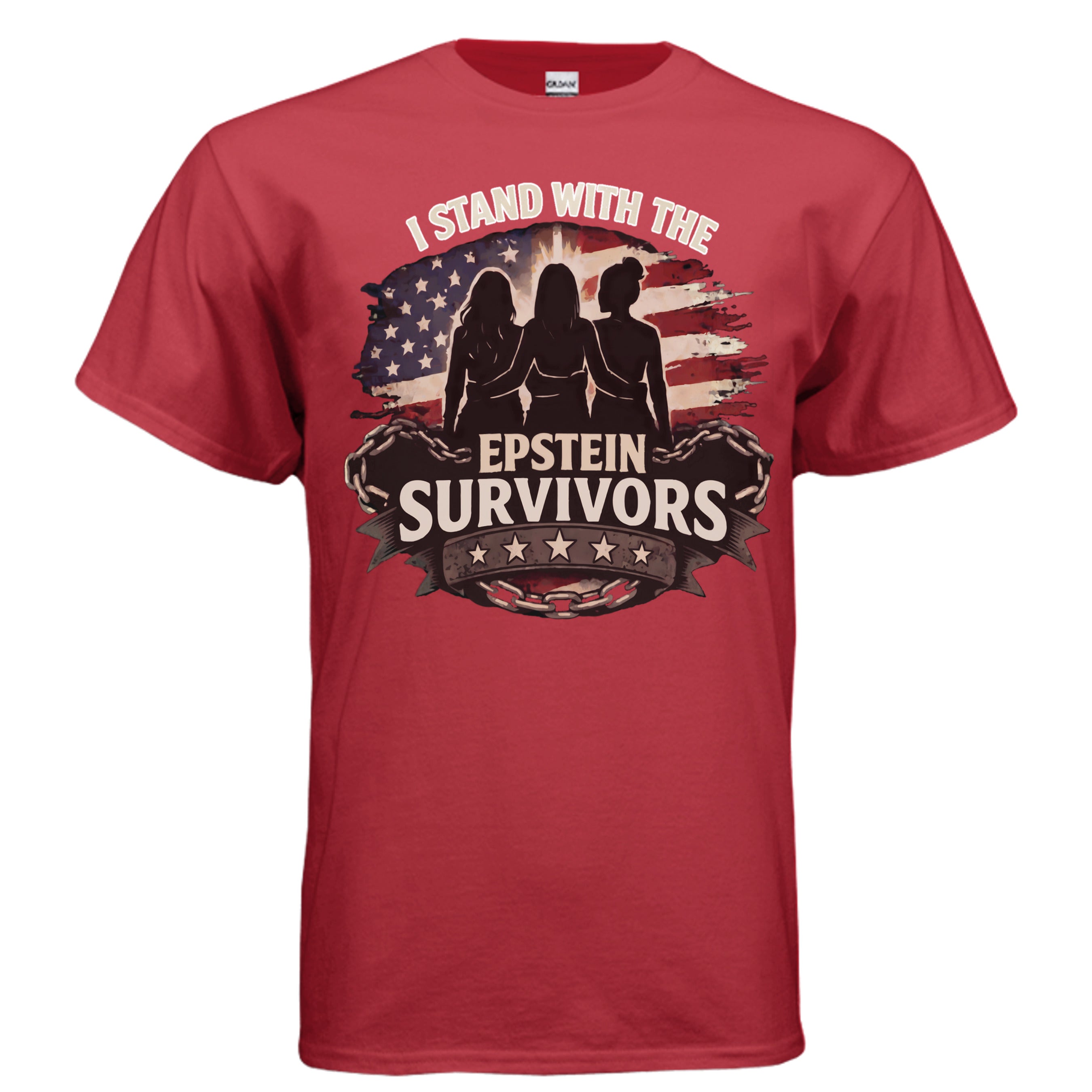I Stand With Epstein Survivors shirt with American flag backdrop and silhouetted trio.