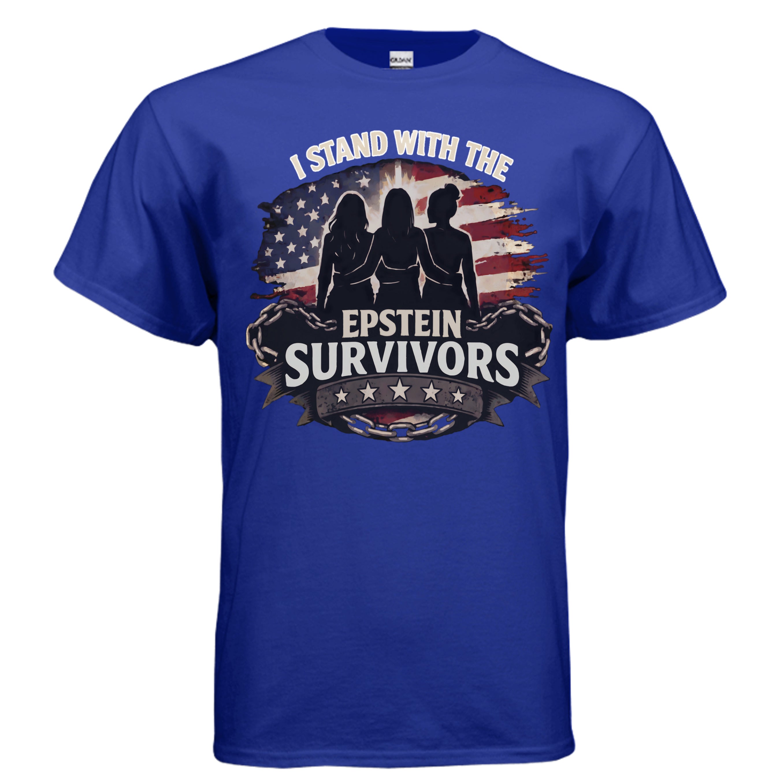 Blue T-shirt featuring I Stand With Epstein Survivors design with silhouetted figures against a distressed American flag