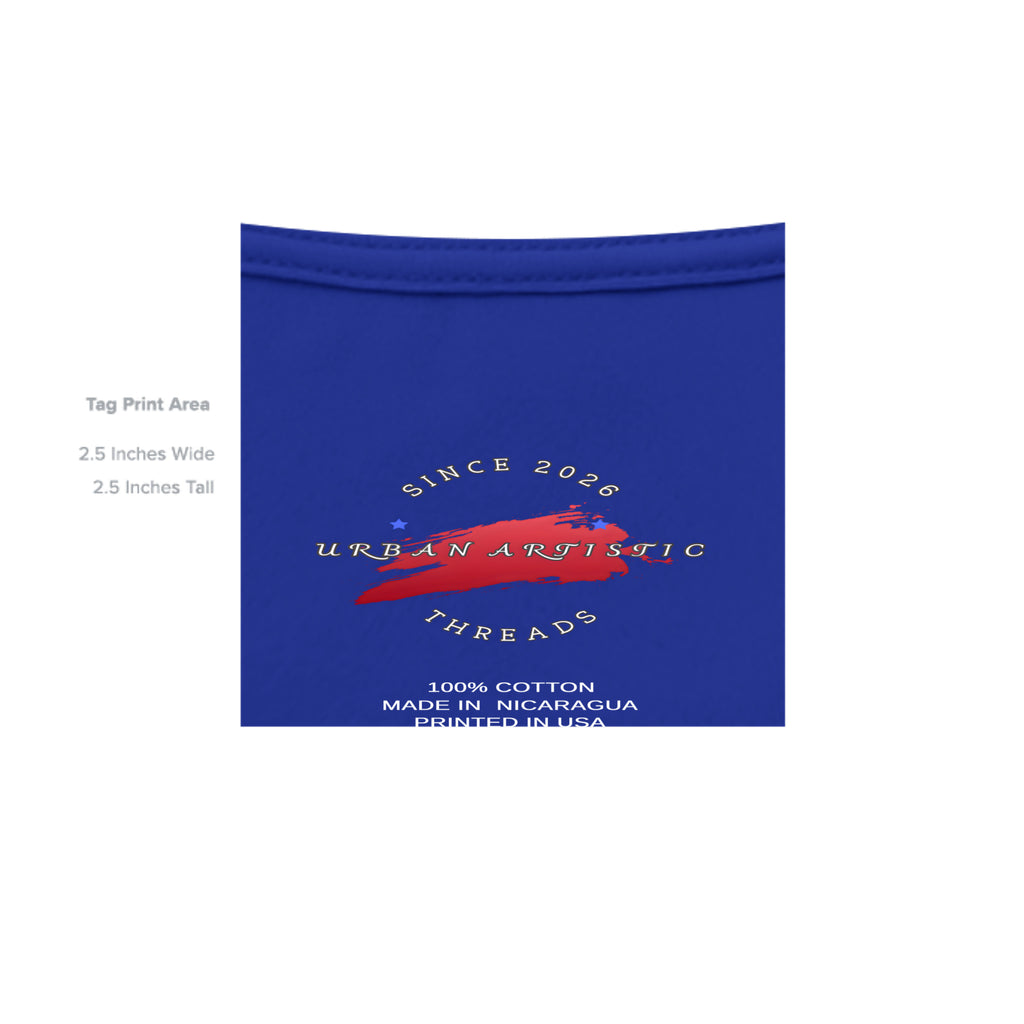 Blue garment packaging showing Urban Artistic Threads logo and a visible tag area.