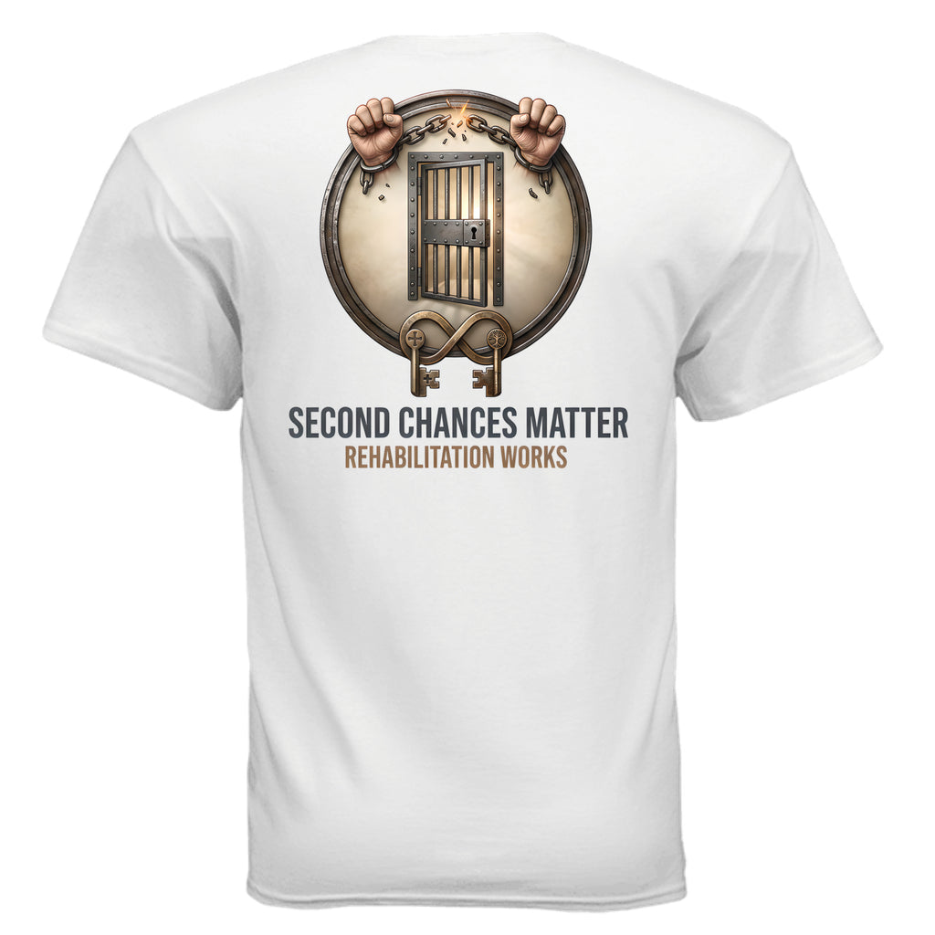 White unisex tee featuring a round jail door graphic with chained hands, keys, and Second Chances Matter.