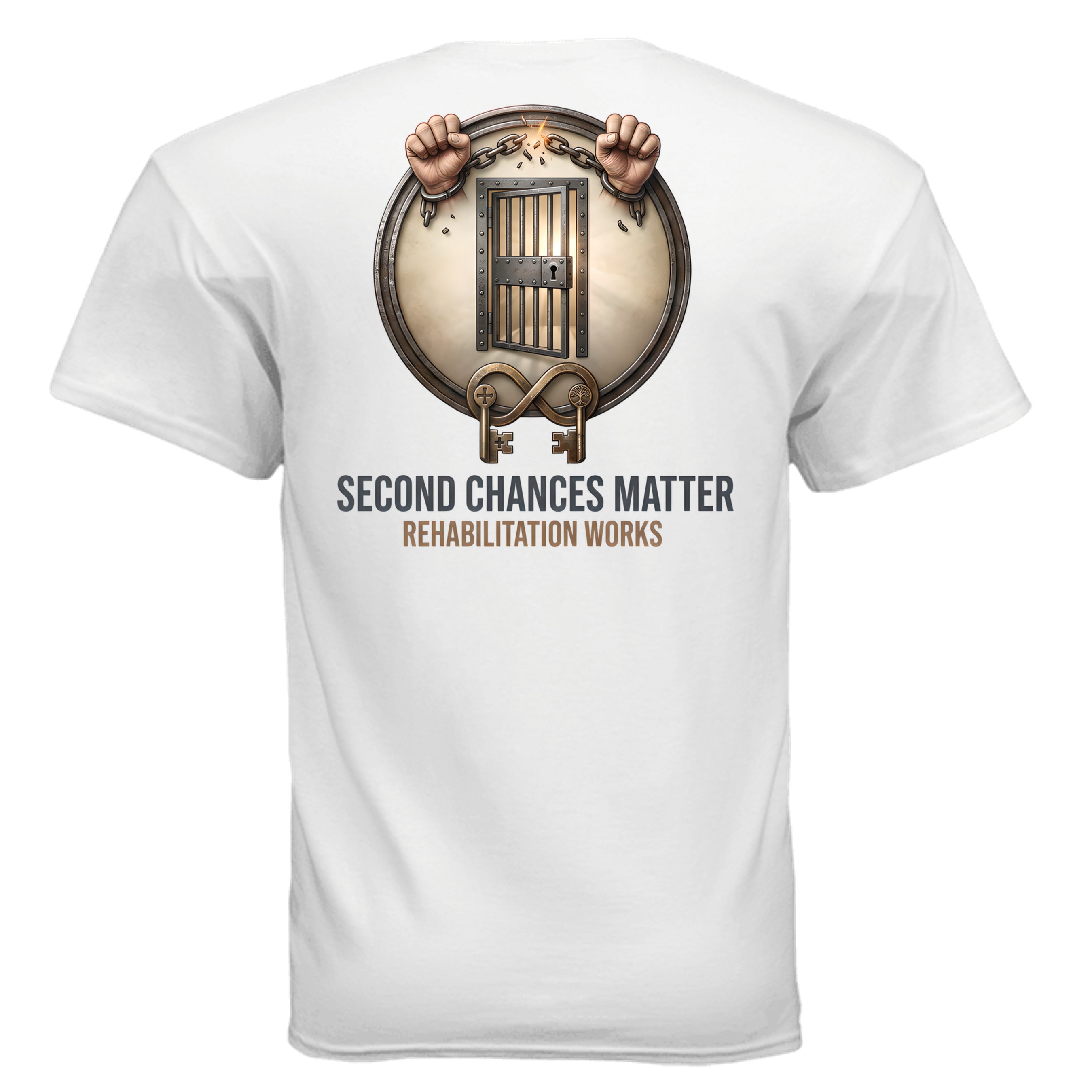 White unisex tee featuring a round jail door graphic with chained hands, keys, and Second Chances Matter.