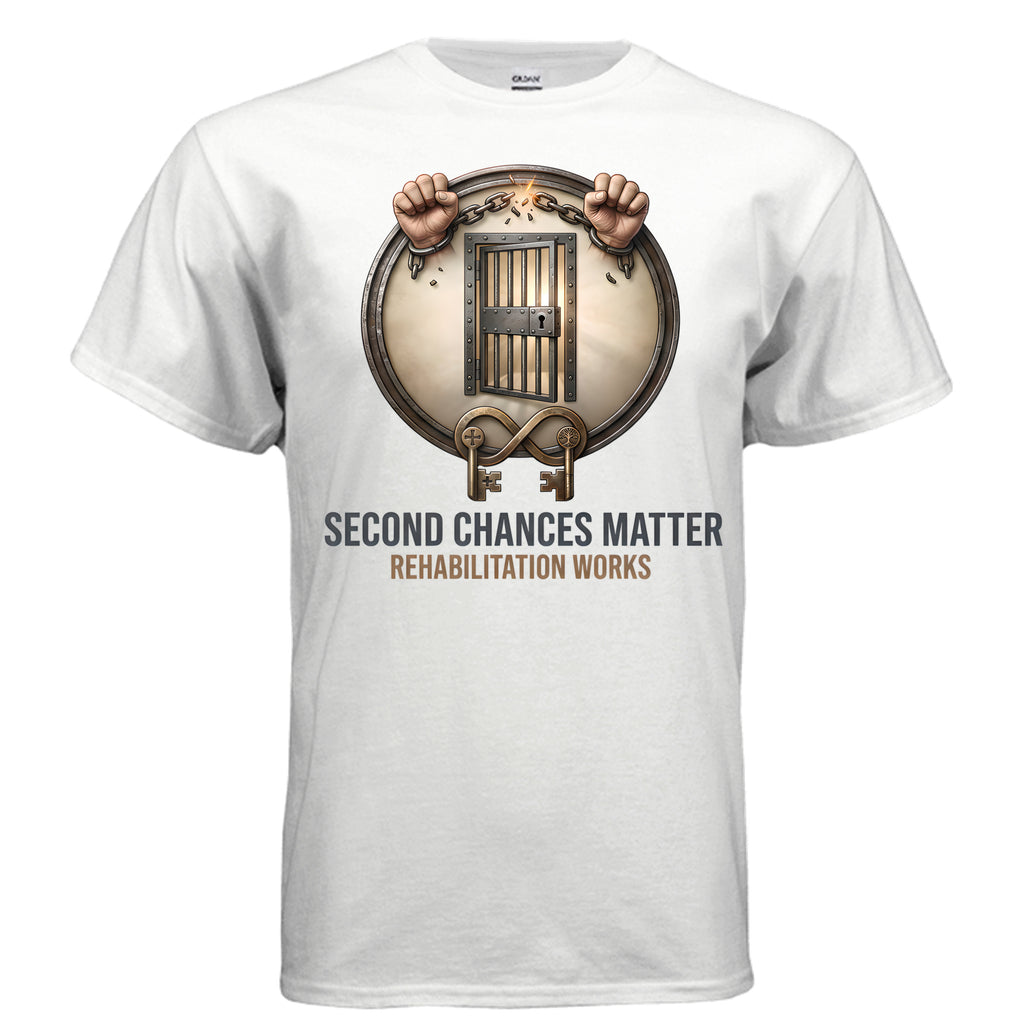 Rehabilitation Works graphic tee with a shield breaking chains and the Second Chances Matter slogan.