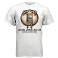 Rehabilitation Works graphic tee with a shield breaking chains and the Second Chances Matter slogan.