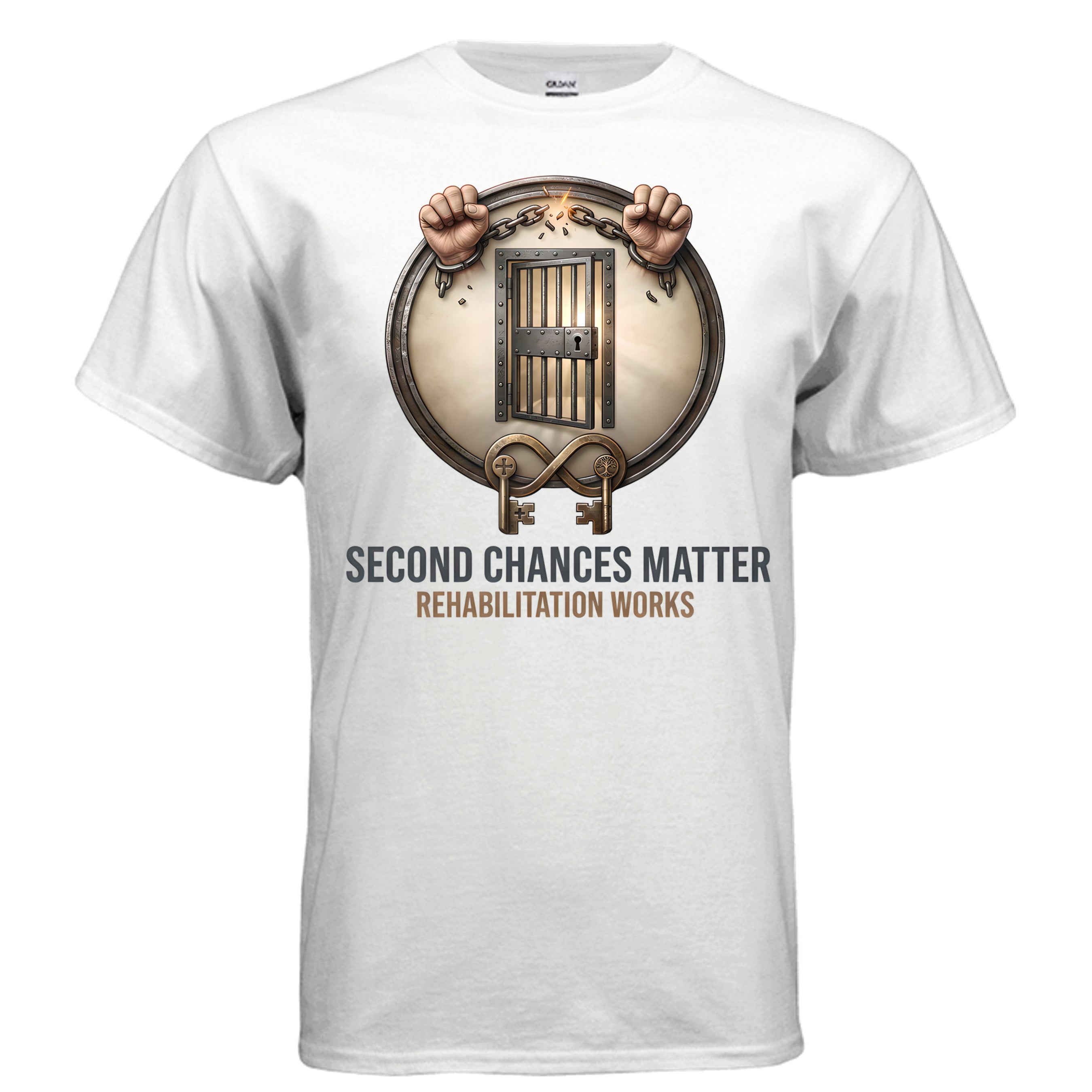 Rehabilitation Works graphic tee with a shield breaking chains and the Second Chances Matter slogan.