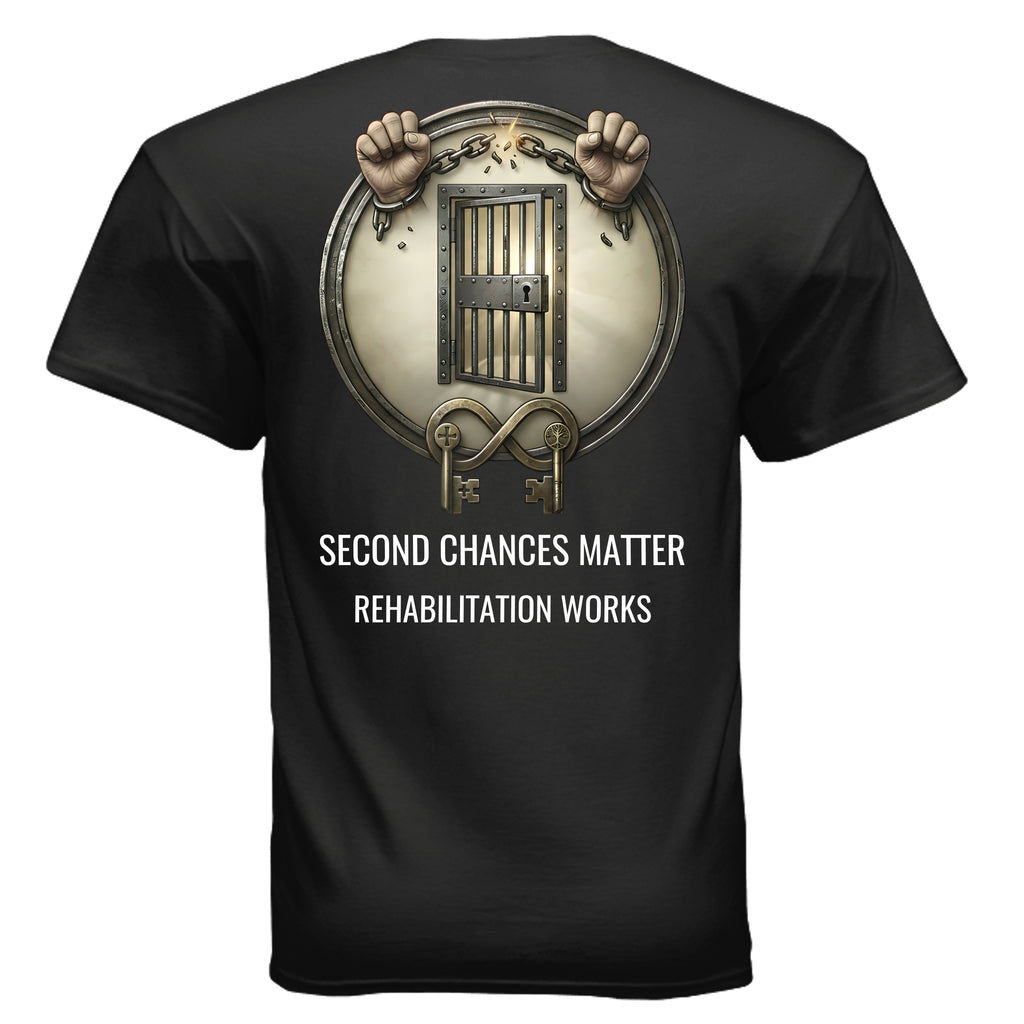 Black T-shirt featuring a circular shield with jail-bar hands in shackles and 'Second Chances Matter' slogan.