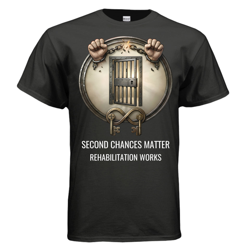 Rehabilitation Works graphic tee featuring a circular prison door with breaking chains and Second Chances Matter