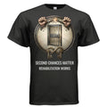 Rehabilitation Works graphic tee featuring a circular prison door with breaking chains and Second Chances Matter