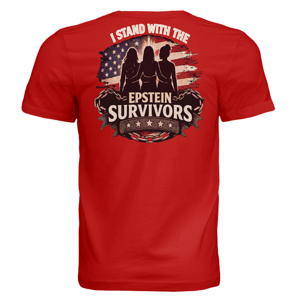 Red shirt with three silhouettes before a weathered American flag, chains, and I Stand With Epstein Survivors.