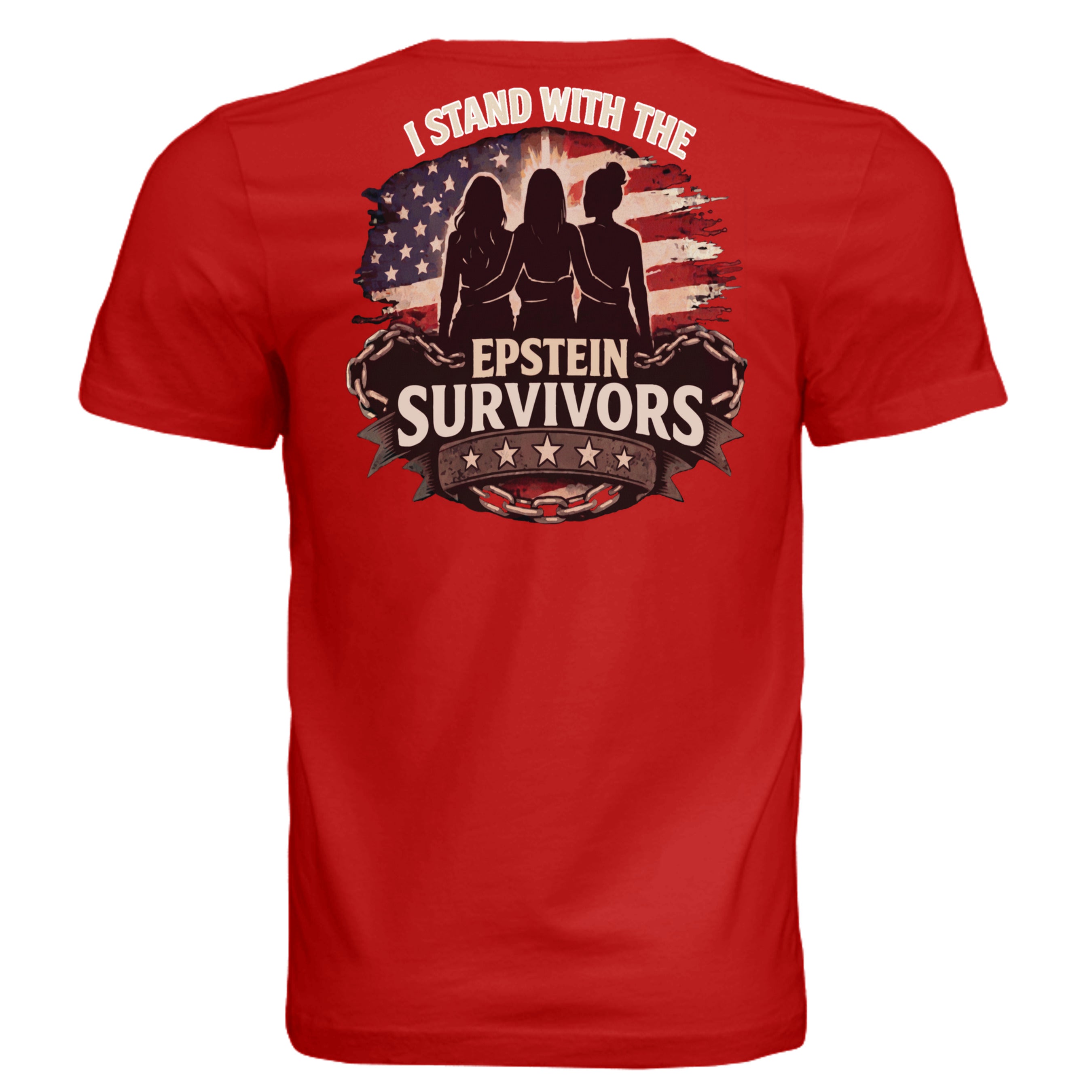 Red shirt with three silhouettes before a weathered American flag, chains, and I Stand With Epstein Survivors.