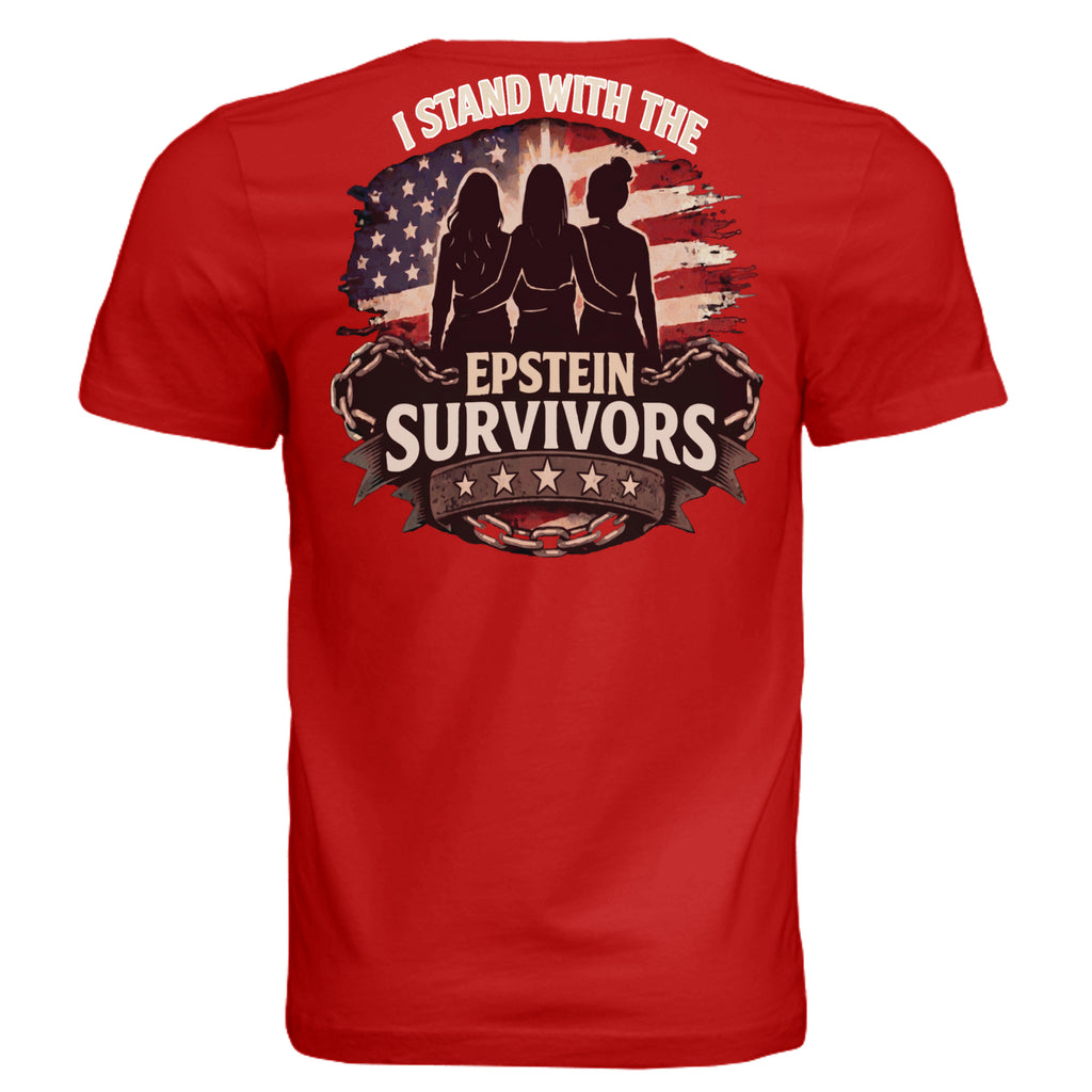 Red T-shirt with 'I Stand With Epstein Survivors' graphic, silhouettes over distressed American flag backdrop.
