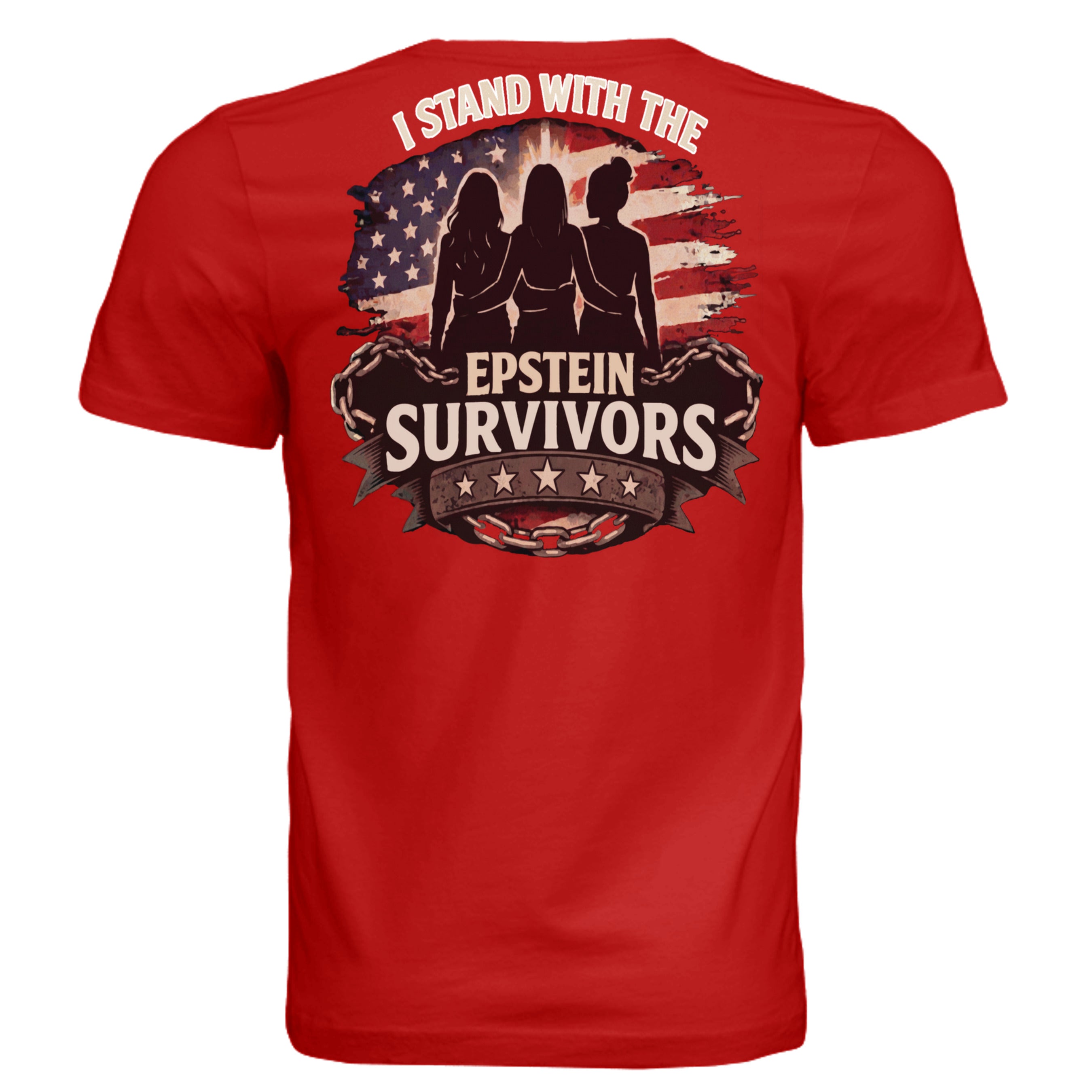 Red T-shirt with 'I Stand With Epstein Survivors' graphic, silhouettes over distressed American flag backdrop.