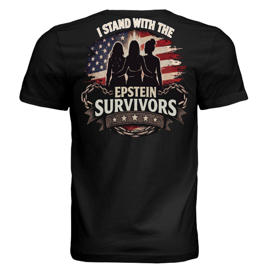 I Stand With The Epstein Survivors graphic tee with silhouettes, American flag backdrop, and bold text.