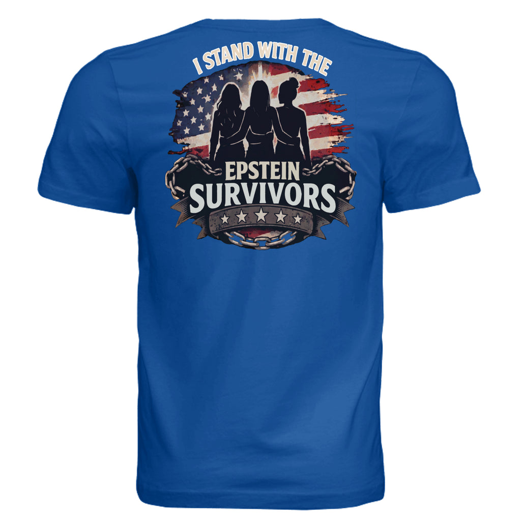 Blue tee with graphic reading I Stand With Epstein Survivors, featuring a waving American flag and chained emblem.