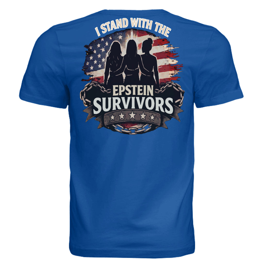 Blue T-shirt with I Stand with Epstein Survivors graphic, bold solidarity for justice and accountability.