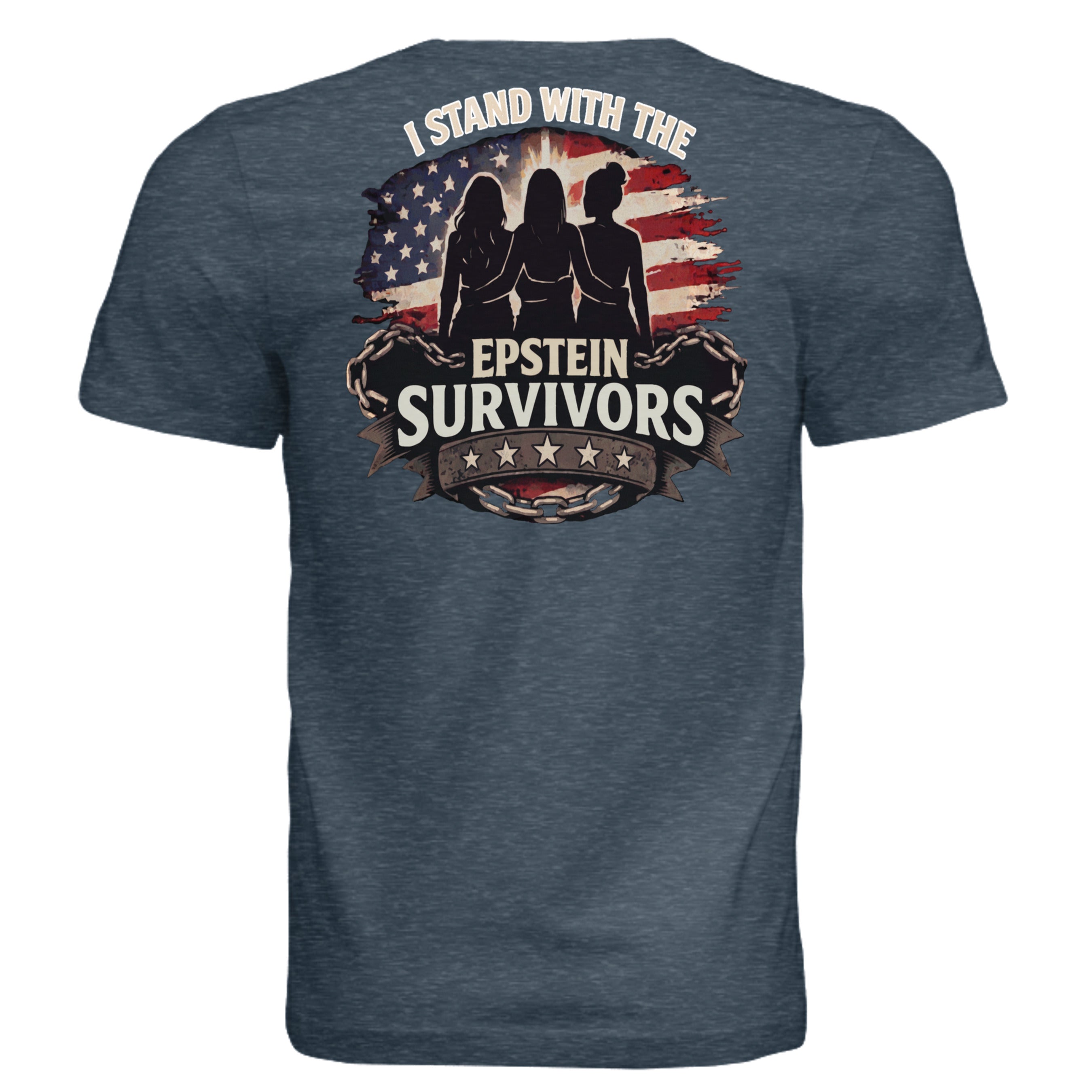 I Stand With Epstein Survivors shirt with three silhouetted figures before a distressed American flag and chains.