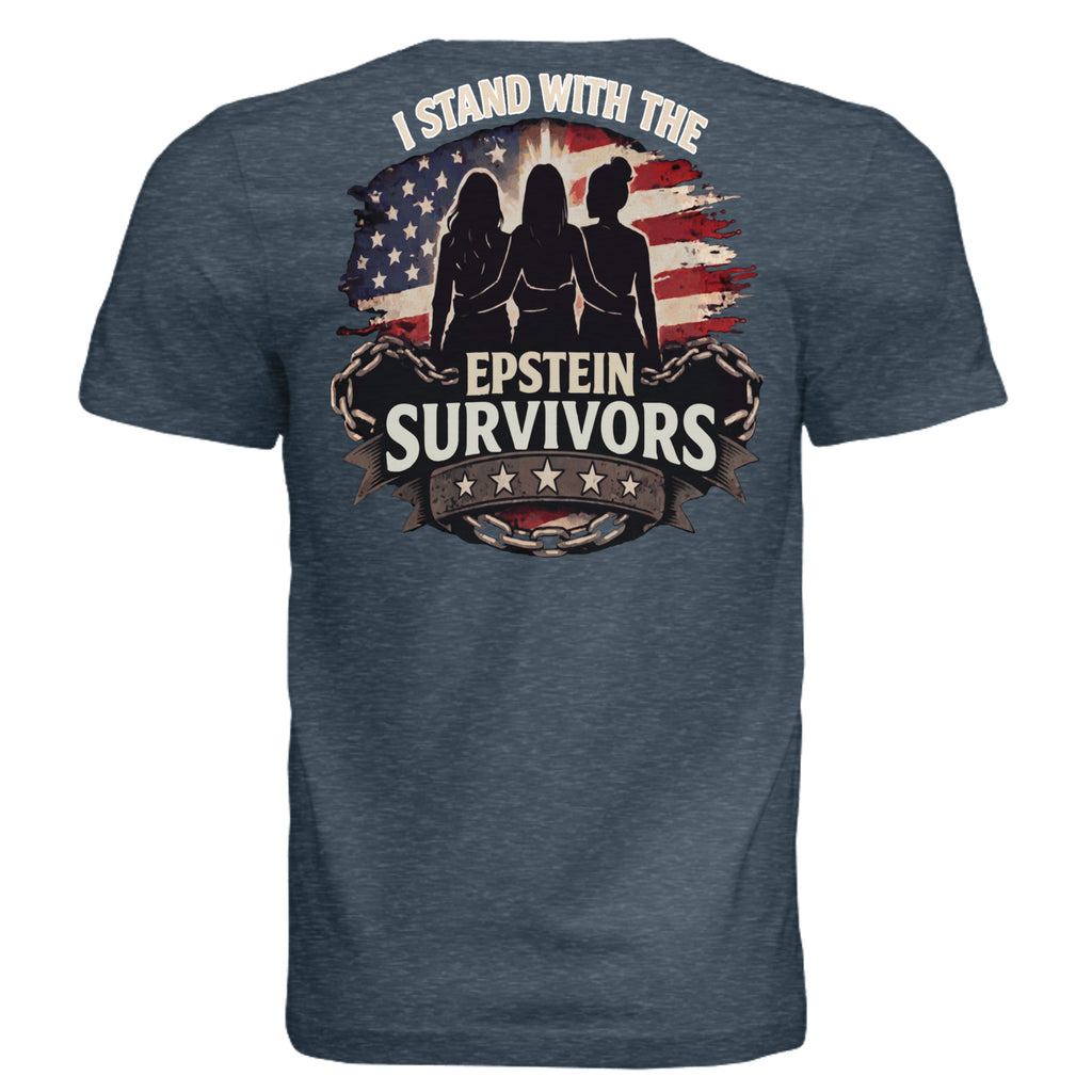 Graphic tee featuring three silhouettes before a distressed American flag and I Stand With The Epstein Survivors.