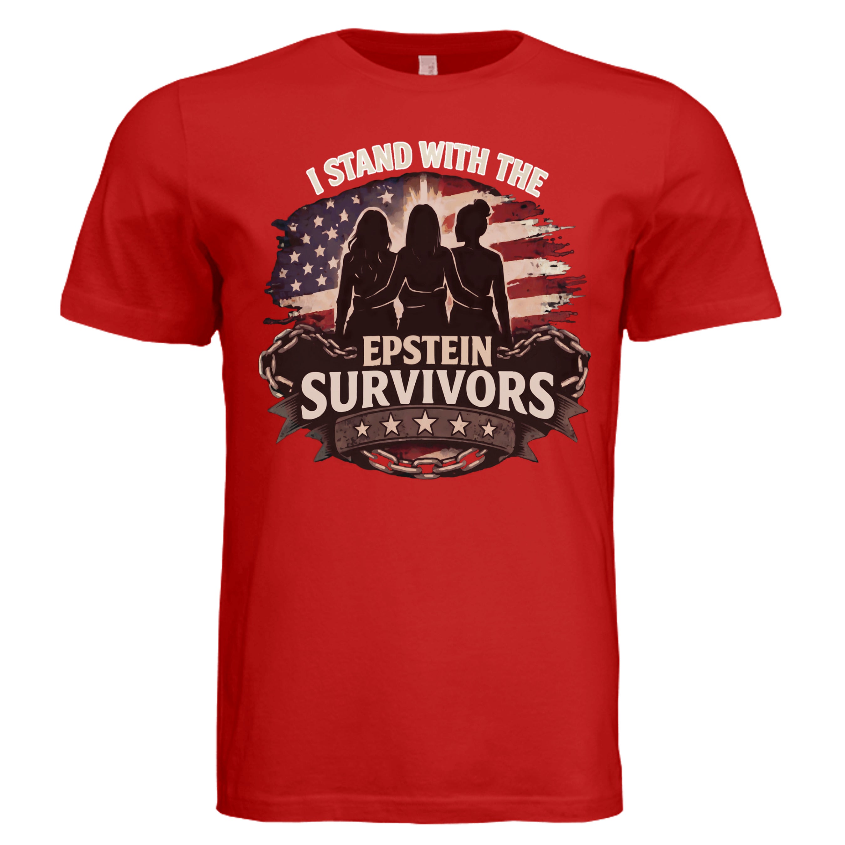 Red T-shirt featuring silhouettes before an American flag backdrop and the text I Stand With The Epstein Survivors.