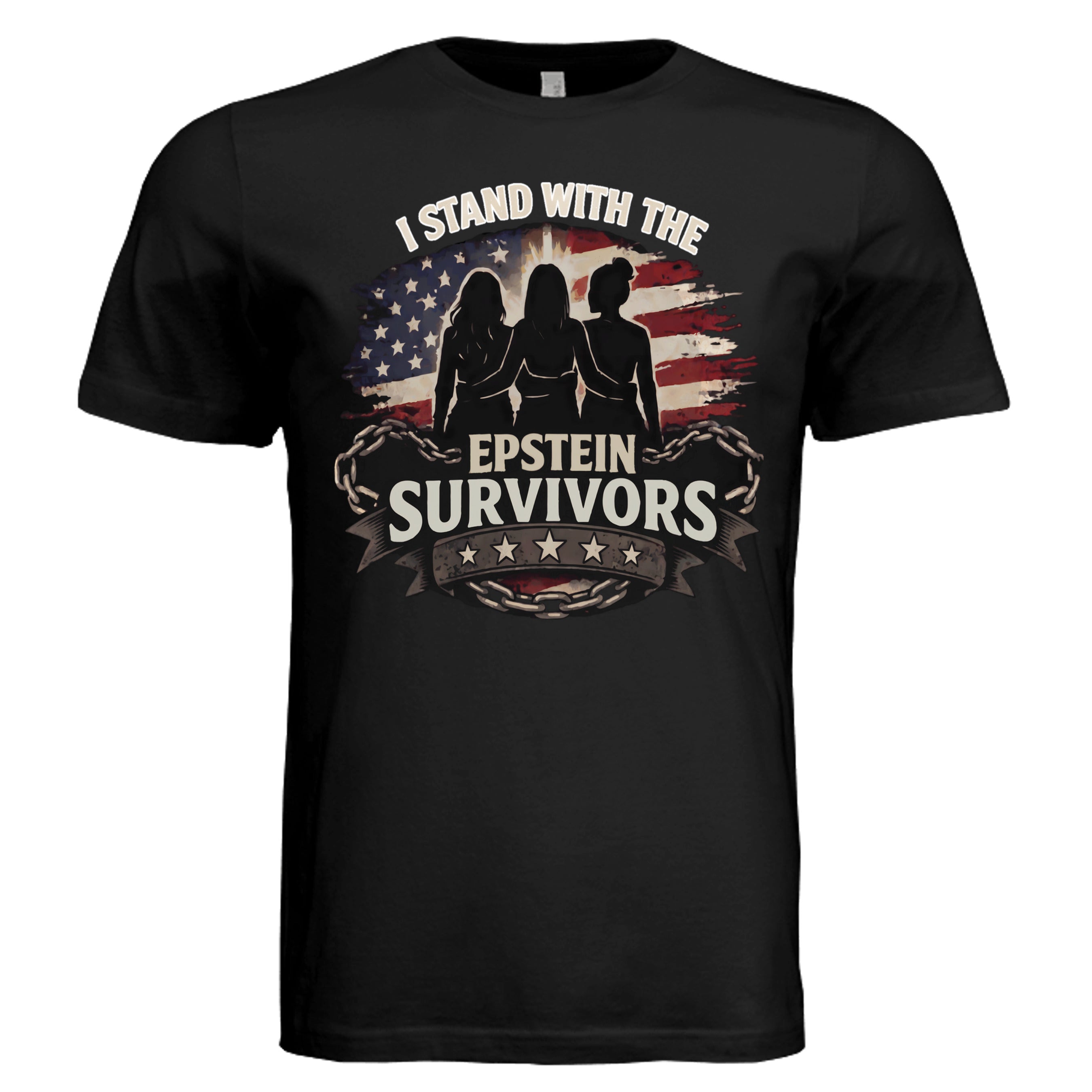 I Stand With Epstein Survivors shirt featuring American flag backdrop, three silhouetted figures and bold justice message.
