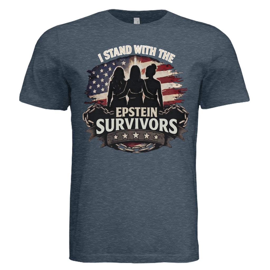I Stand With Epstein Survivors shirt featuring silhouetted figures before an American flag, justice and accountability.