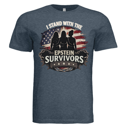 I Stand With Epstein Survivors shirt featuring silhouetted figures before an American flag, justice and accountability.