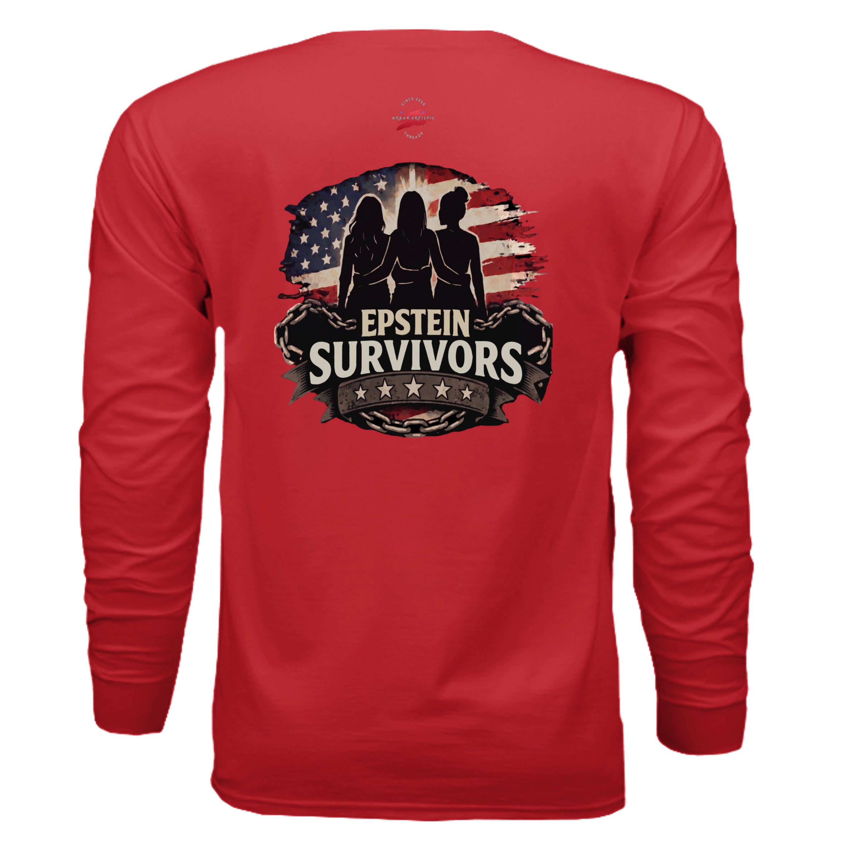 Red long-sleeve shirt featuring Epstein Survivors graphic over a distressed American flag backdrop.
