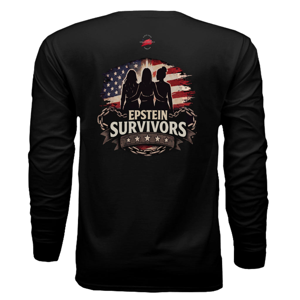 Transparency Act Deserve The Truth long sleeve shirt with three silhouettes before an American flag, Epstein Survivors