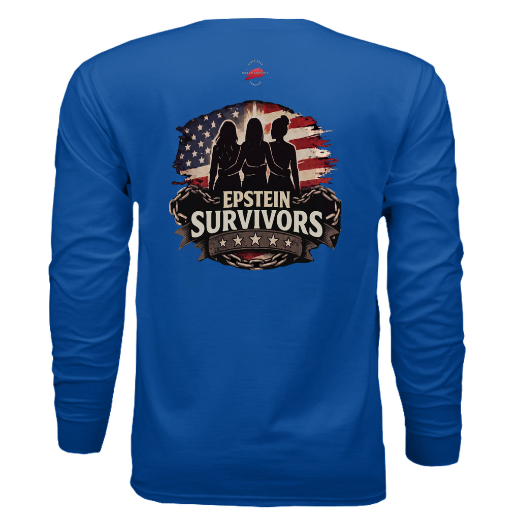 Blue long-sleeve shirt featuring Epstein Survivors emblem with American flag backdrop.