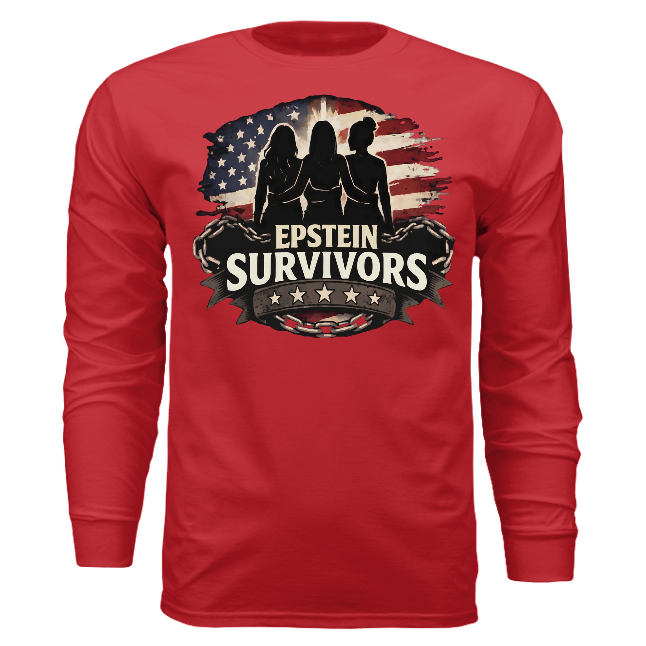 Red long-sleeve shirt with distressed American flag background and silhouetted figures under Epstein Survivors banner.