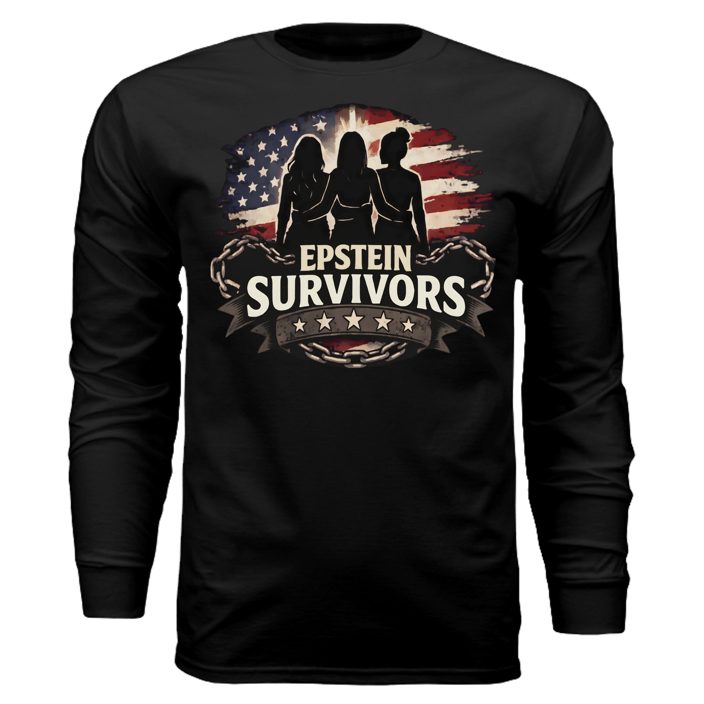 Black long-sleeve with silhouettes before a distressed flag, supporting Transparency Act and Deserve The Truth.