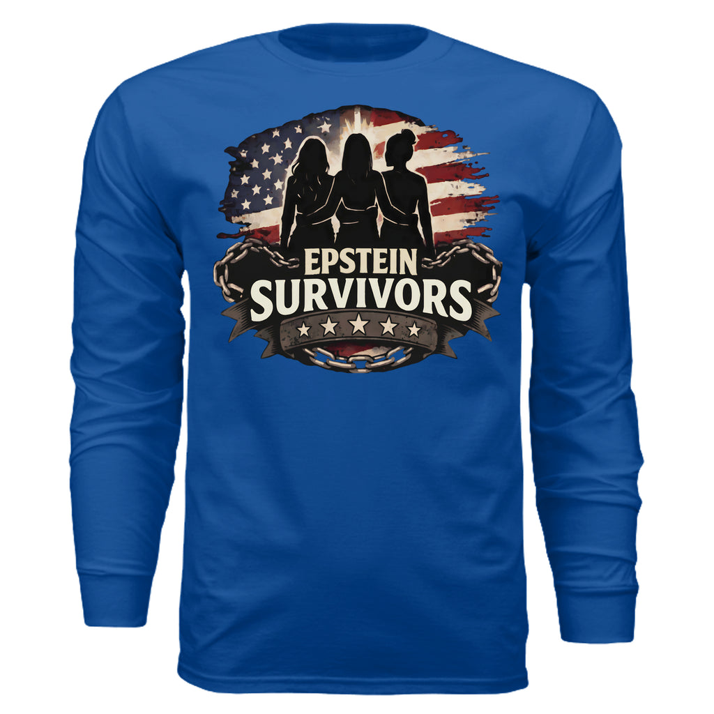 Blue long-sleeve shirt featuring three silhouettes, American flag backdrop, and Epstein Survivors banner.