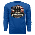Blue long-sleeve shirt featuring three silhouettes, American flag backdrop, and Epstein Survivors banner.