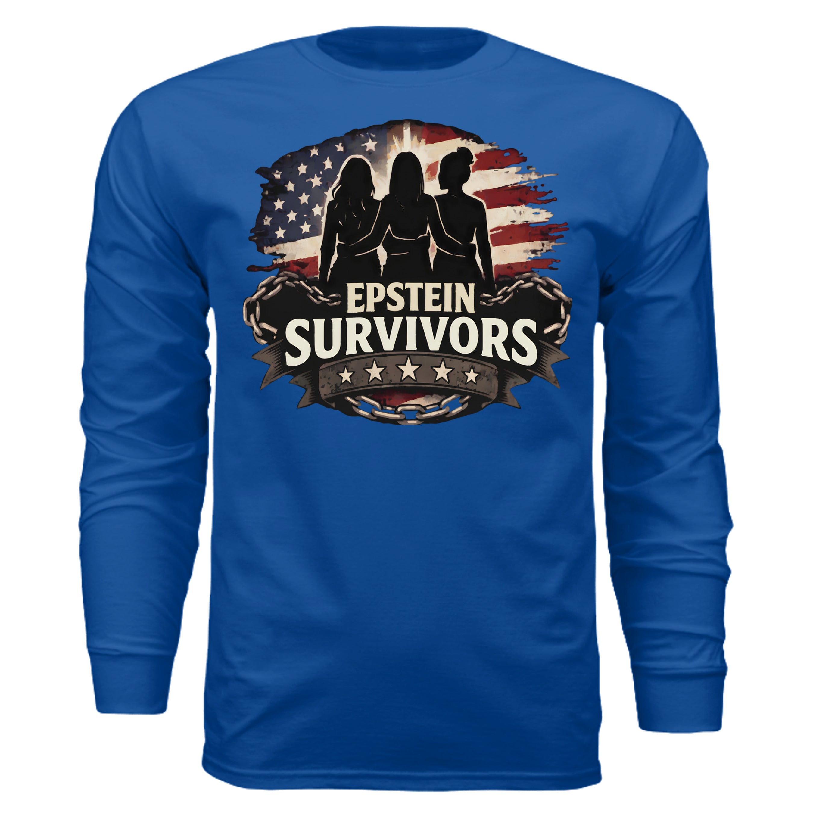 Blue long-sleeve shirt featuring three silhouettes, American flag backdrop, and Epstein Survivors banner.