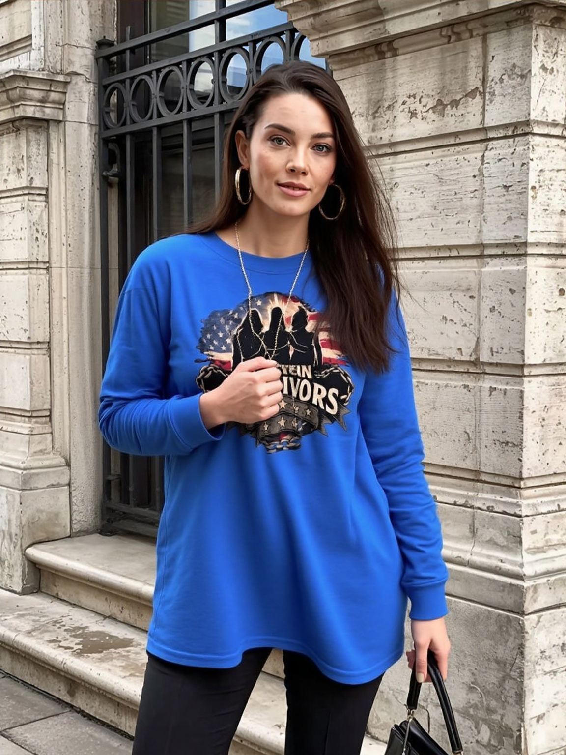 Woman in blue Transparency Act Support Long Sleeve: Deserve The Truth with bold graphic, advocating justice.