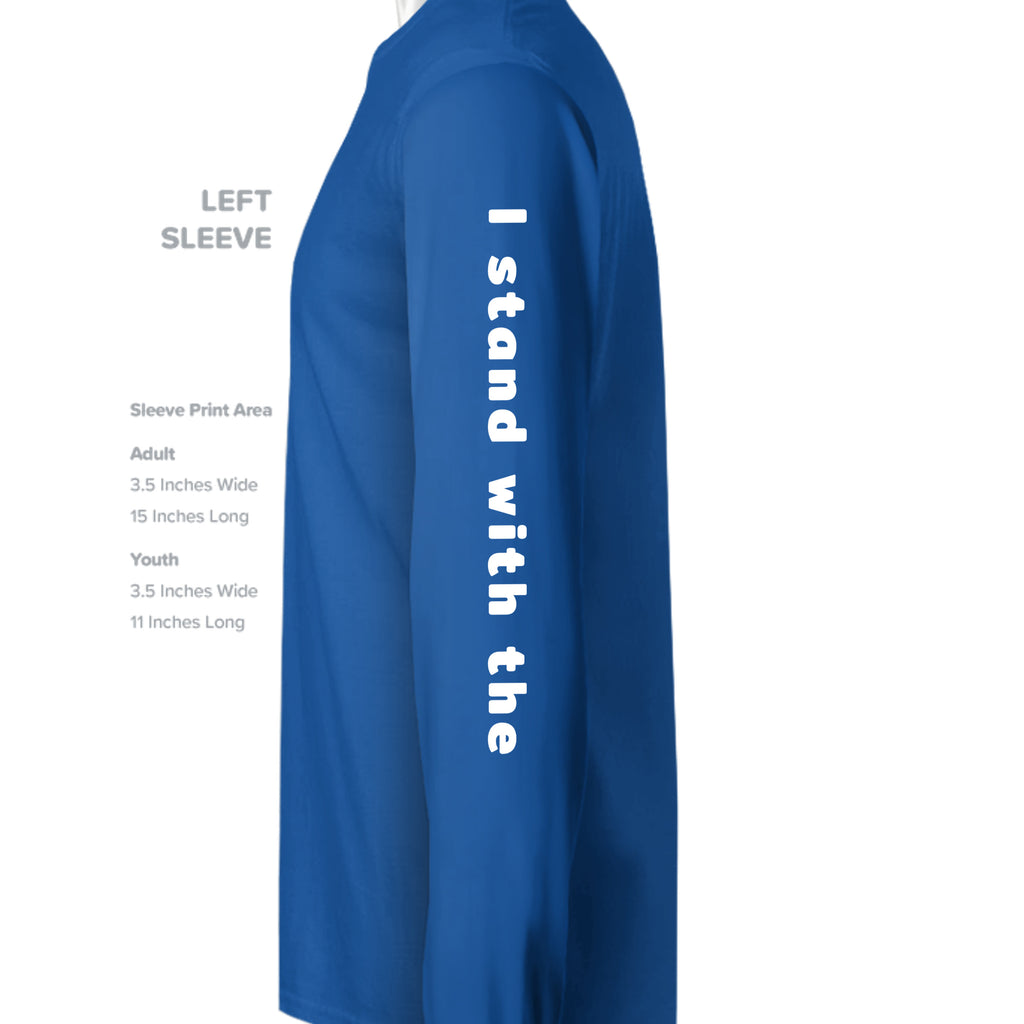 Blue Transparency Act long sleeve with vertical white text: “Deserve The Truth” on the sleeve.