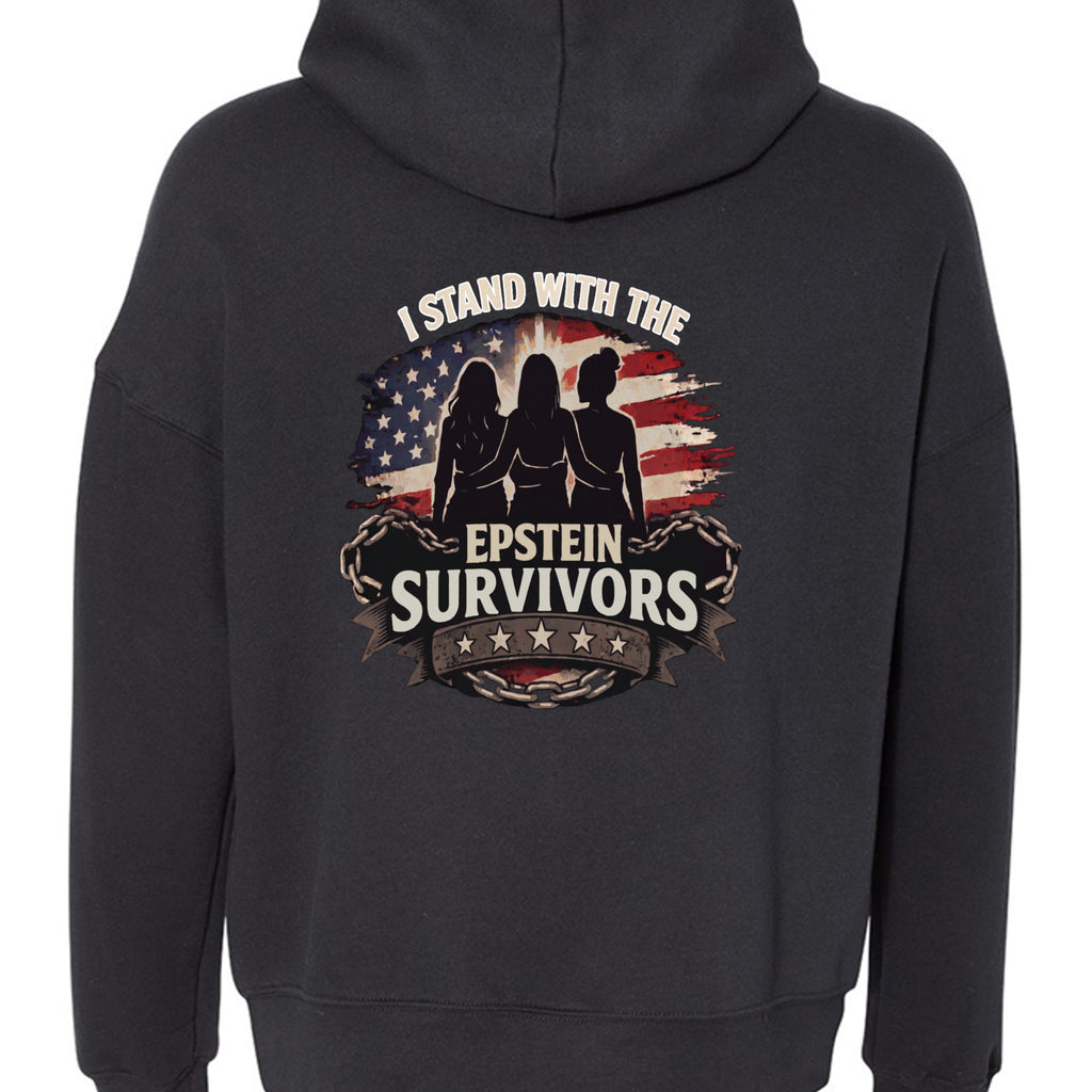 Back view of black DTM hoodie with patriotic graphic: I Stand with the Epstein Survivors.