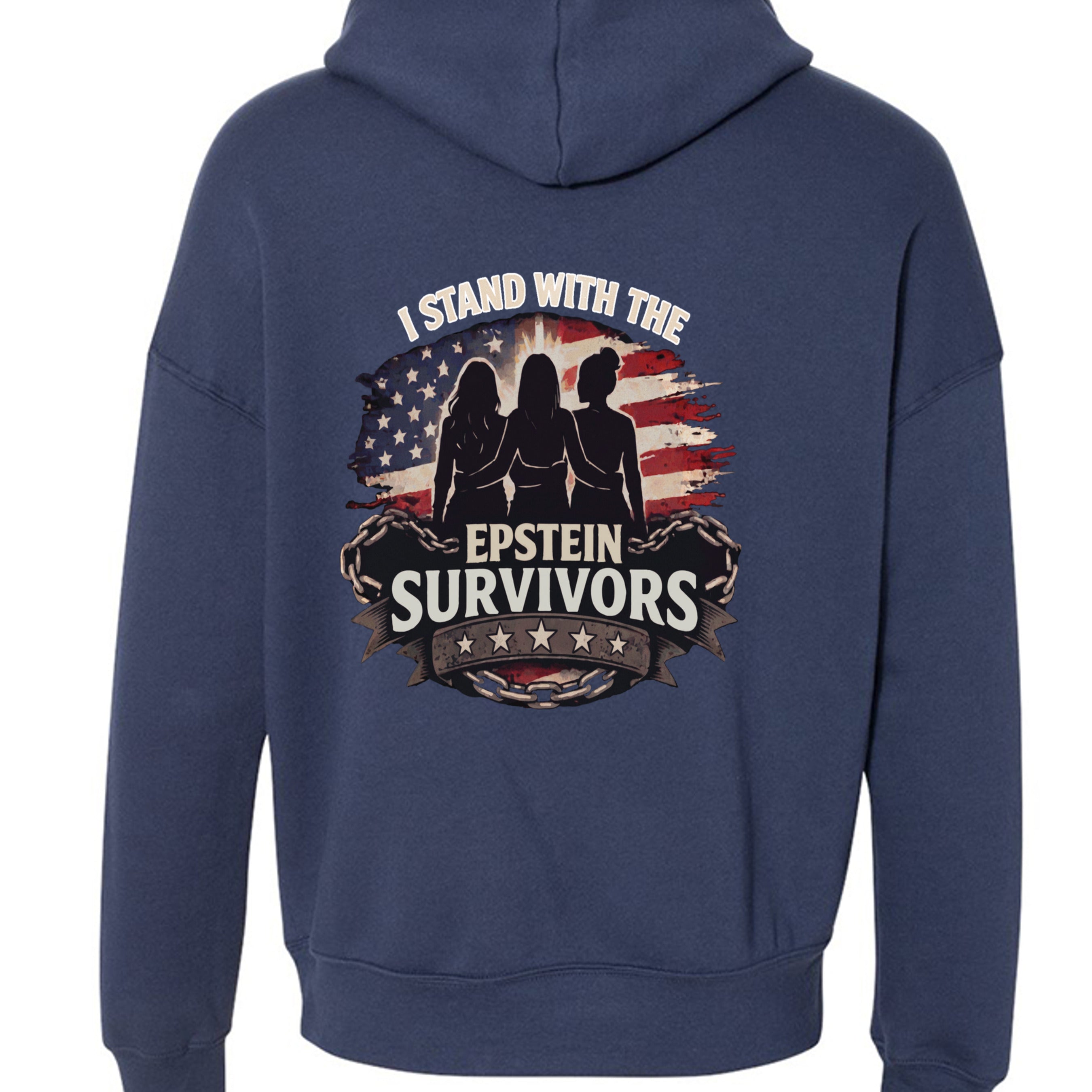 Navy hoodie featuring the slogan I Stand with the Epstein Survivors over a patriotic flag and silhouetted figures.