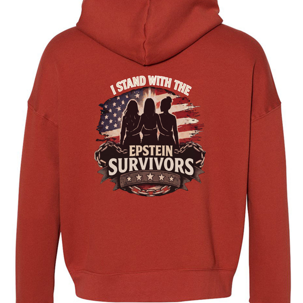 Red unisex fleece hoodie with back graphic featuring a patriotic flag and I Stand with the Epstein Survivors text.