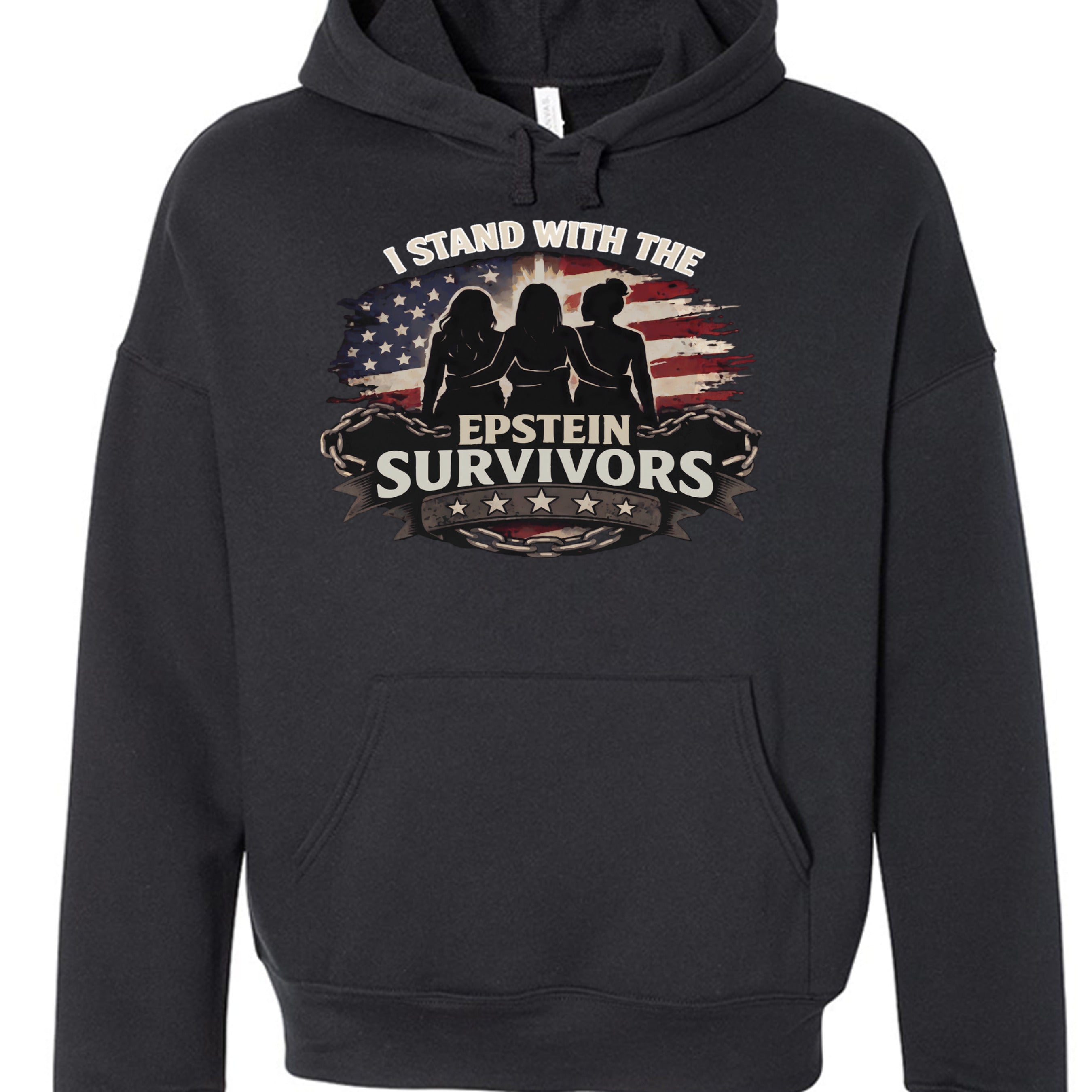 I Stand with the Epstein Survivors patriotic hoodie with American flag backdrop and silhouetted figures.
