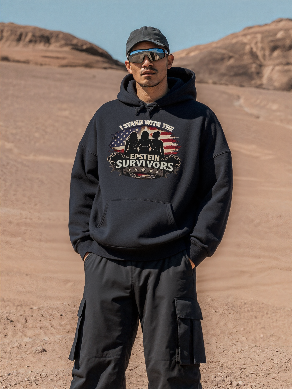 Man wearing a navy fleece hoodie with I Stand With Epstein Survivors patriotic graphic in a desert setting.