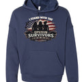 Navy unisex hoodie with patriotic graphic: I Stand with the Epstein Survivors, silhouettes and American flag.